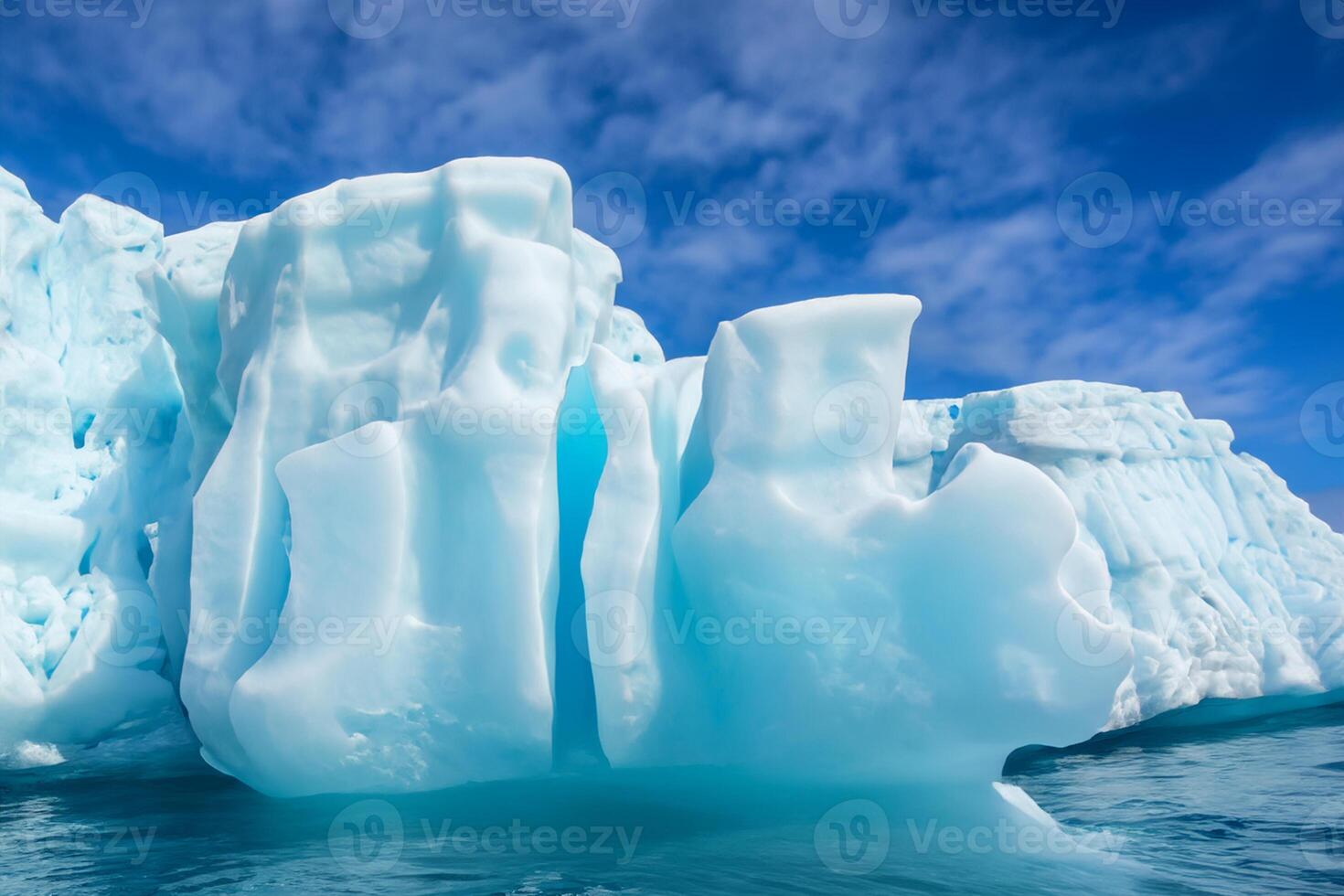 maestoso ghiaccio scogliere incoronato di un' freddo atmosfera, incorniciato di il bellissimo mare e cielo, evocazione un' armonioso panorama di della natura ghiacciato grandezza e oceanico splendore foto