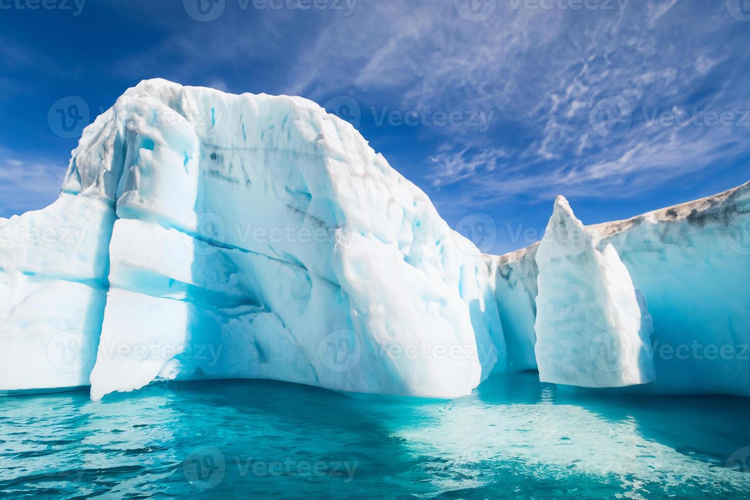 maestoso ghiaccio scogliere incoronato di un' freddo atmosfera, incorniciato di il bellissimo mare e cielo, evocazione un' armonioso panorama di della natura ghiacciato grandezza e oceanico splendore foto