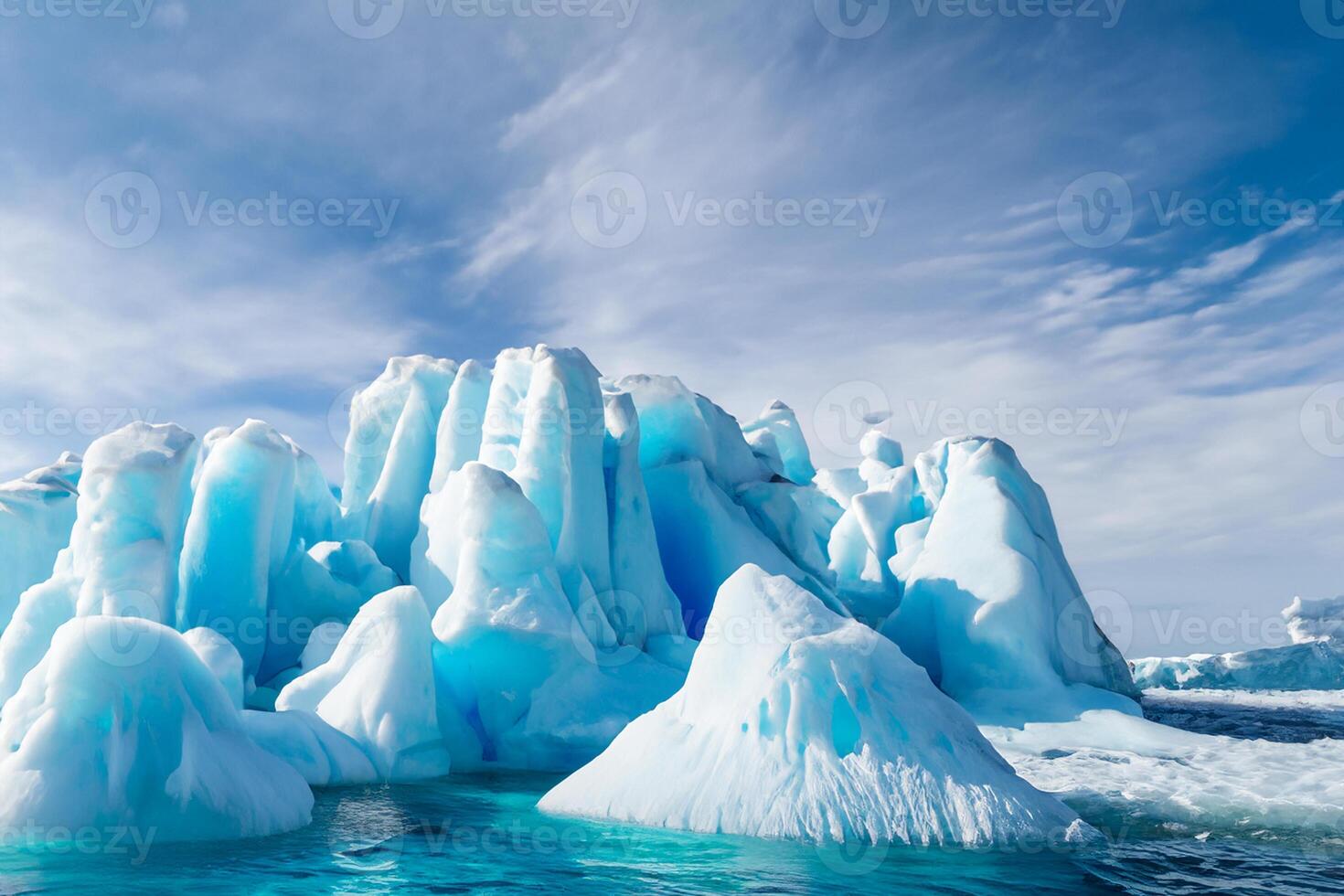 maestoso ghiaccio scogliere incoronato di un' freddo atmosfera, incorniciato di il bellissimo mare e cielo, evocazione un' armonioso panorama di della natura ghiacciato grandezza e oceanico splendore foto