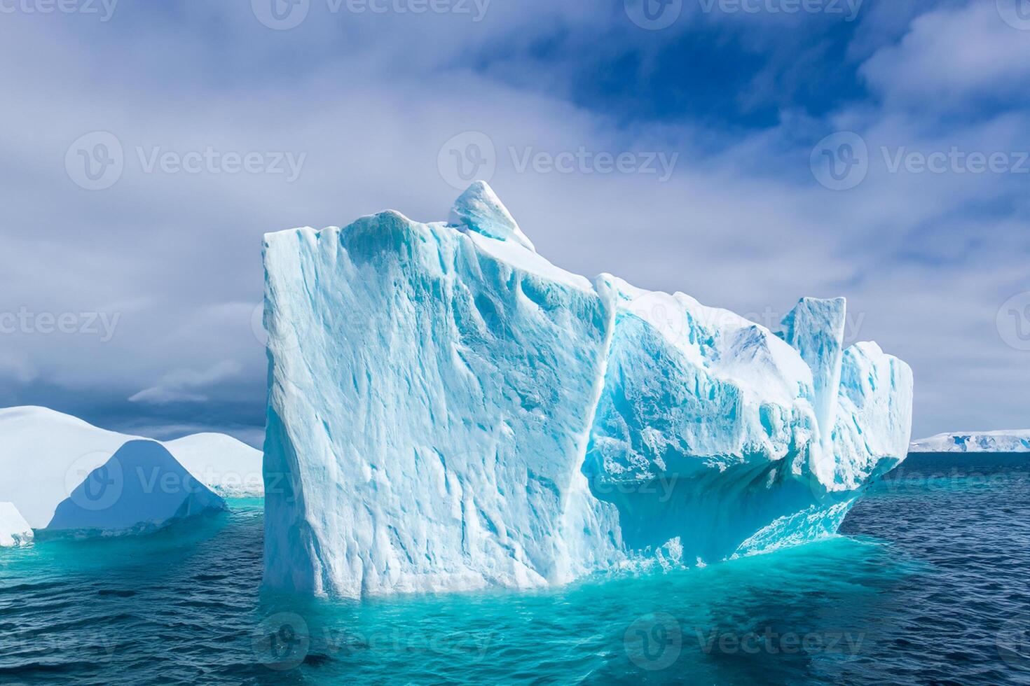 maestoso ghiaccio scogliere incoronato di un' freddo atmosfera, incorniciato di il bellissimo mare e cielo, evocazione un' armonioso panorama di della natura ghiacciato grandezza e oceanico splendore foto