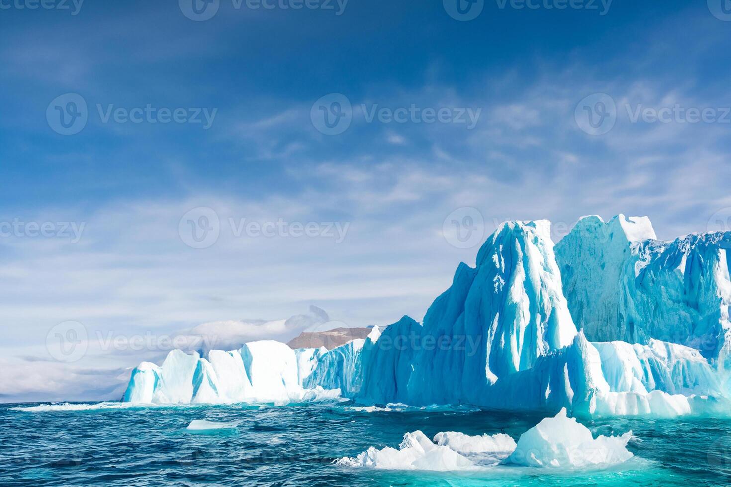 maestoso ghiaccio scogliere incoronato di un' freddo atmosfera, incorniciato di il bellissimo mare e cielo, evocazione un' armonioso panorama di della natura ghiacciato grandezza e oceanico splendore foto