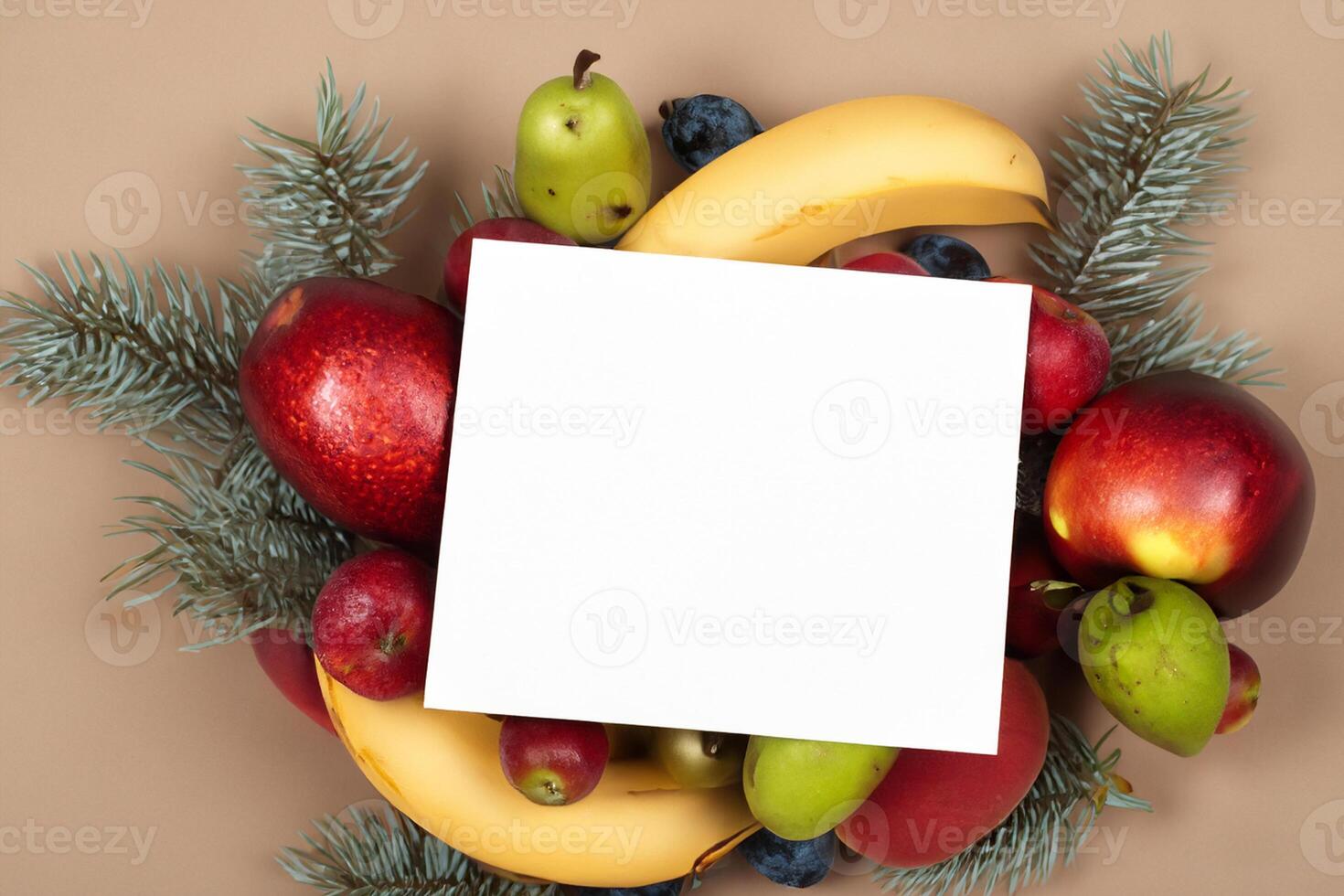 carta e bianca carta modello armonizzato con fresco frutta, lavorazione un' visivo sinfonia di abile design e culinario delizia, dove sano ingredienti merge nel un' festa di vivace immagini foto