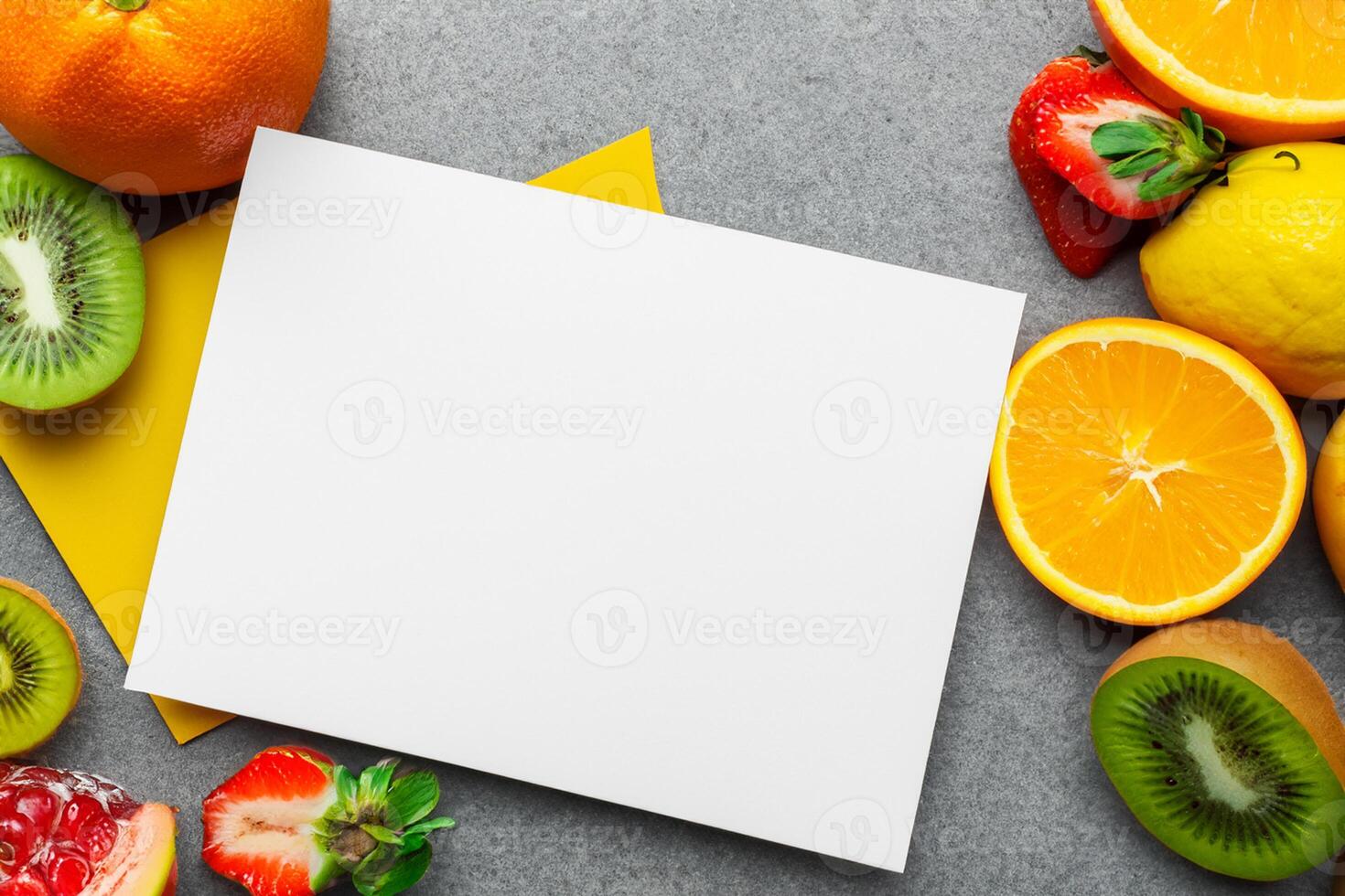 carta e bianca carta modello armonizzato con fresco frutta, lavorazione un' visivo sinfonia di abile design e culinario delizia, dove sano ingredienti merge nel un' festa di vivace immagini foto