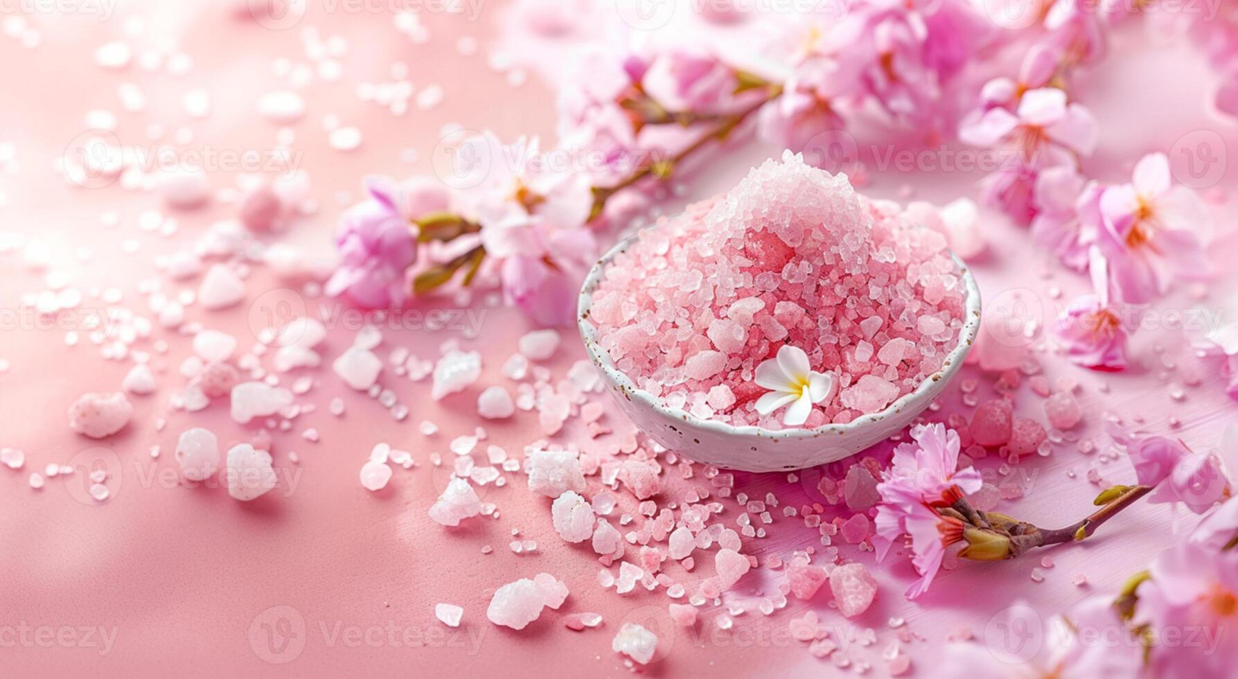 un' ceramica tazza pieno con cristalli di grossolano mare sale per bagno con il aroma di fiori. rilassamento terme procedure. estetico macro foto