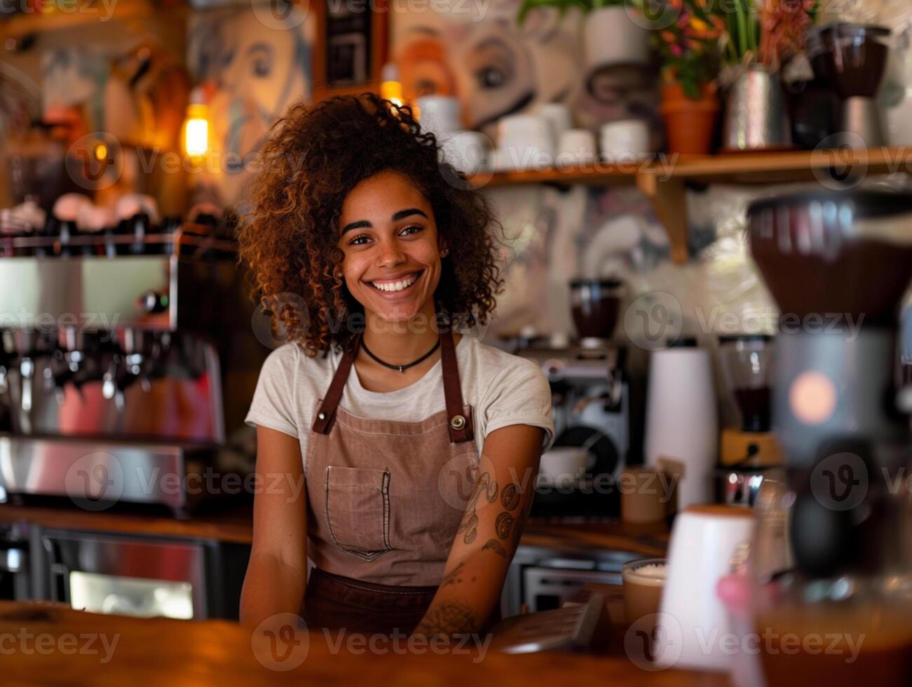 bellissimo di carnagione scura ragazza con Riccio capelli. amichevole barista, contento Sorridi. caffè sbarra, caffè negozio foto