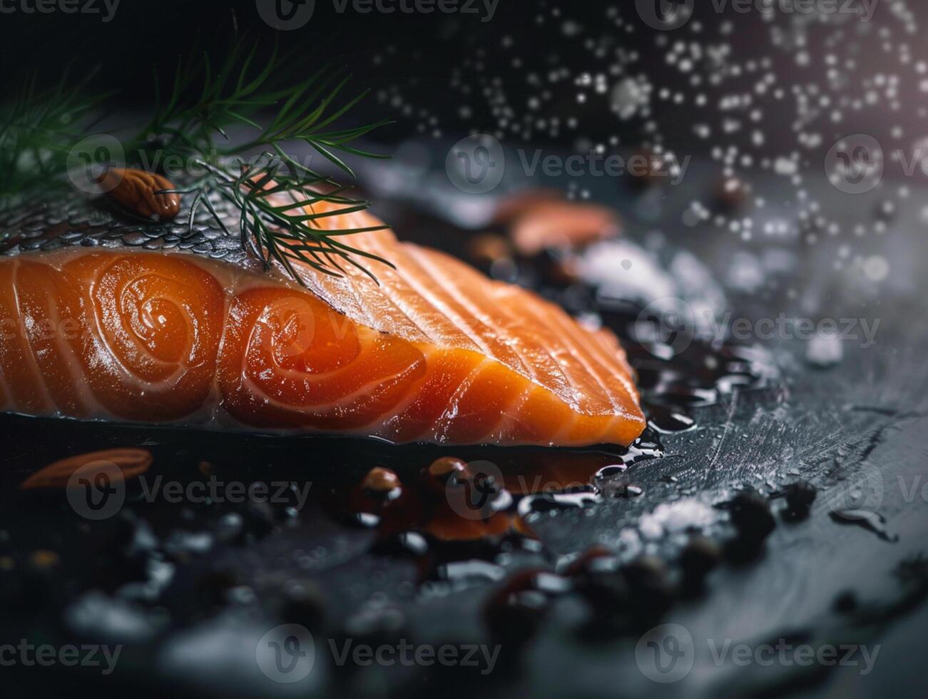 crudo salmone bistecca su un' nero pietra In piedi, macro fotografia. pesce struttura e fibra. avvicinamento foto