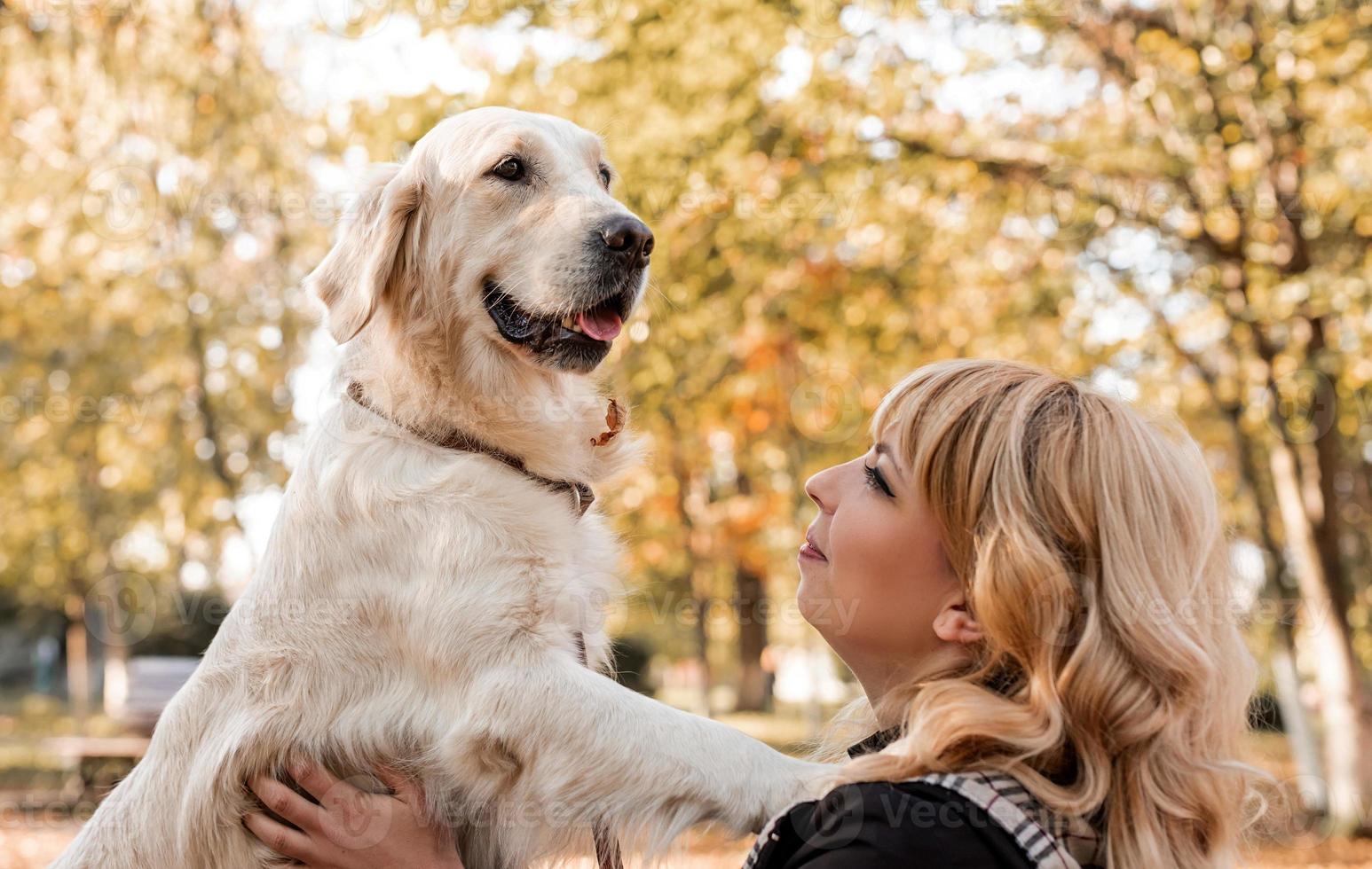 una bella signora con il suo animale domestico che gioca nel parco foto