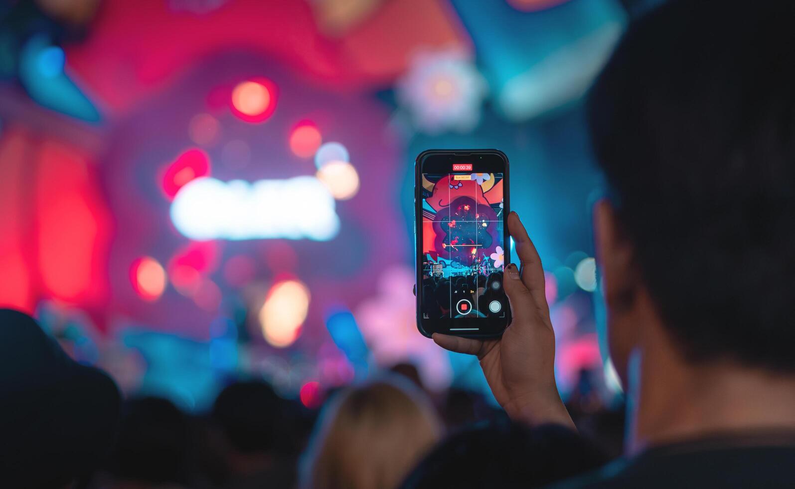 persone Tenere inteligente Telefono e registrazione e Fotografare nel musica Festival concerto foto