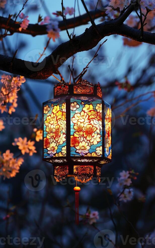 un' lanterna si blocca su il ramo di un' ciliegia fiorire albero foto