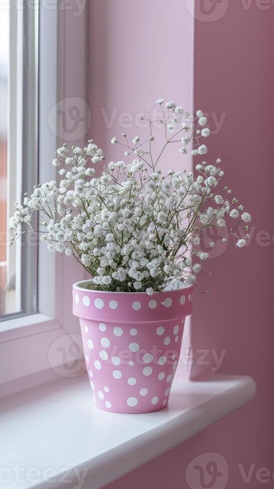 rosa e bianca polka punto fiore pentola con del bambino respiro fiori foto