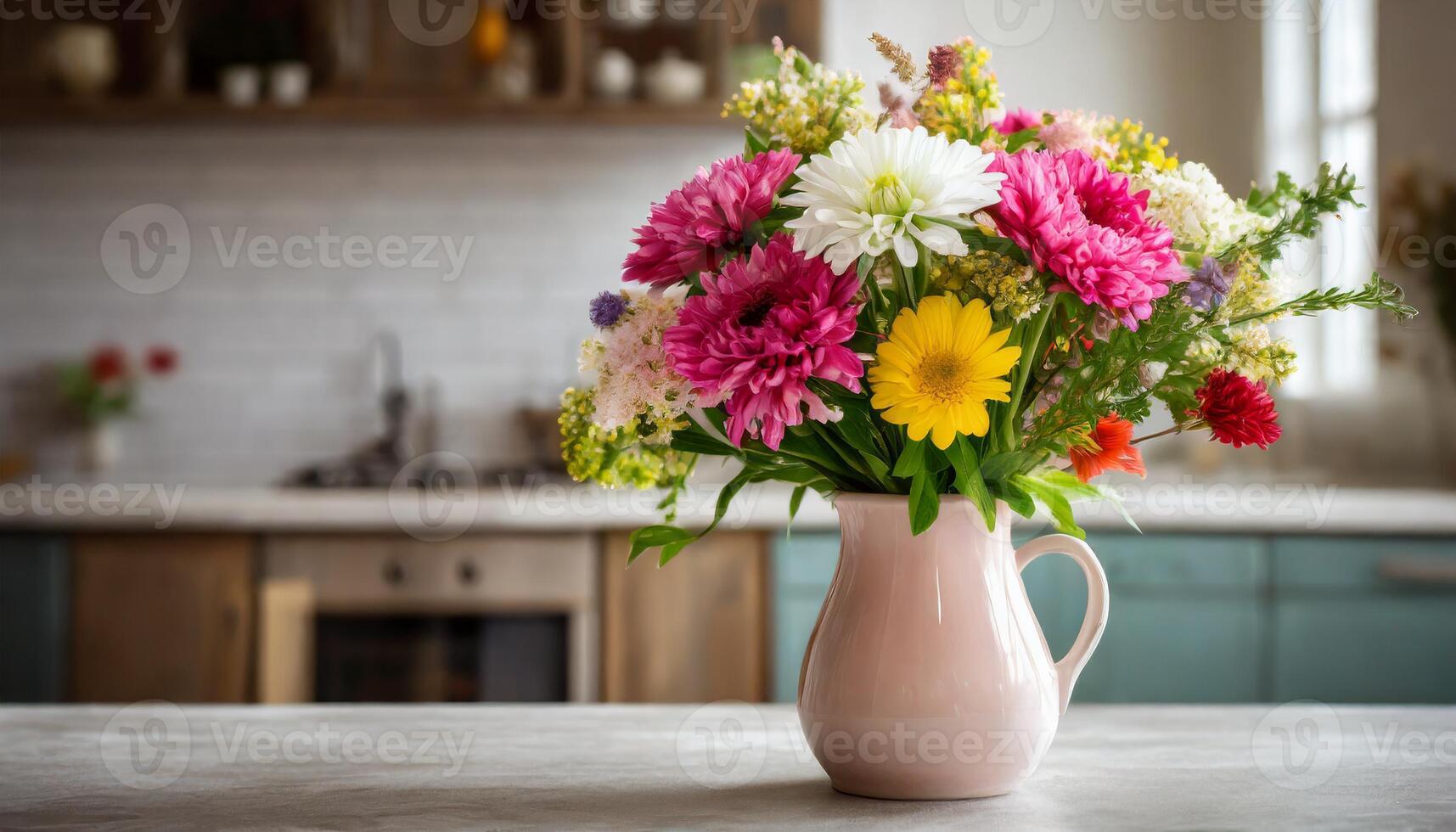 mazzo di fresco fiori nel un' vaso con sfocato cucina sfondo foto