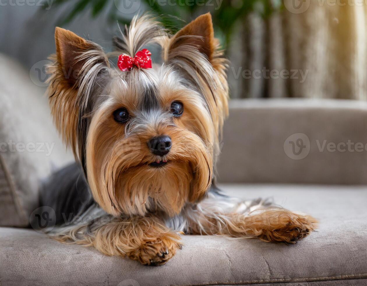 yorkshire terrier dire bugie su il divano foto