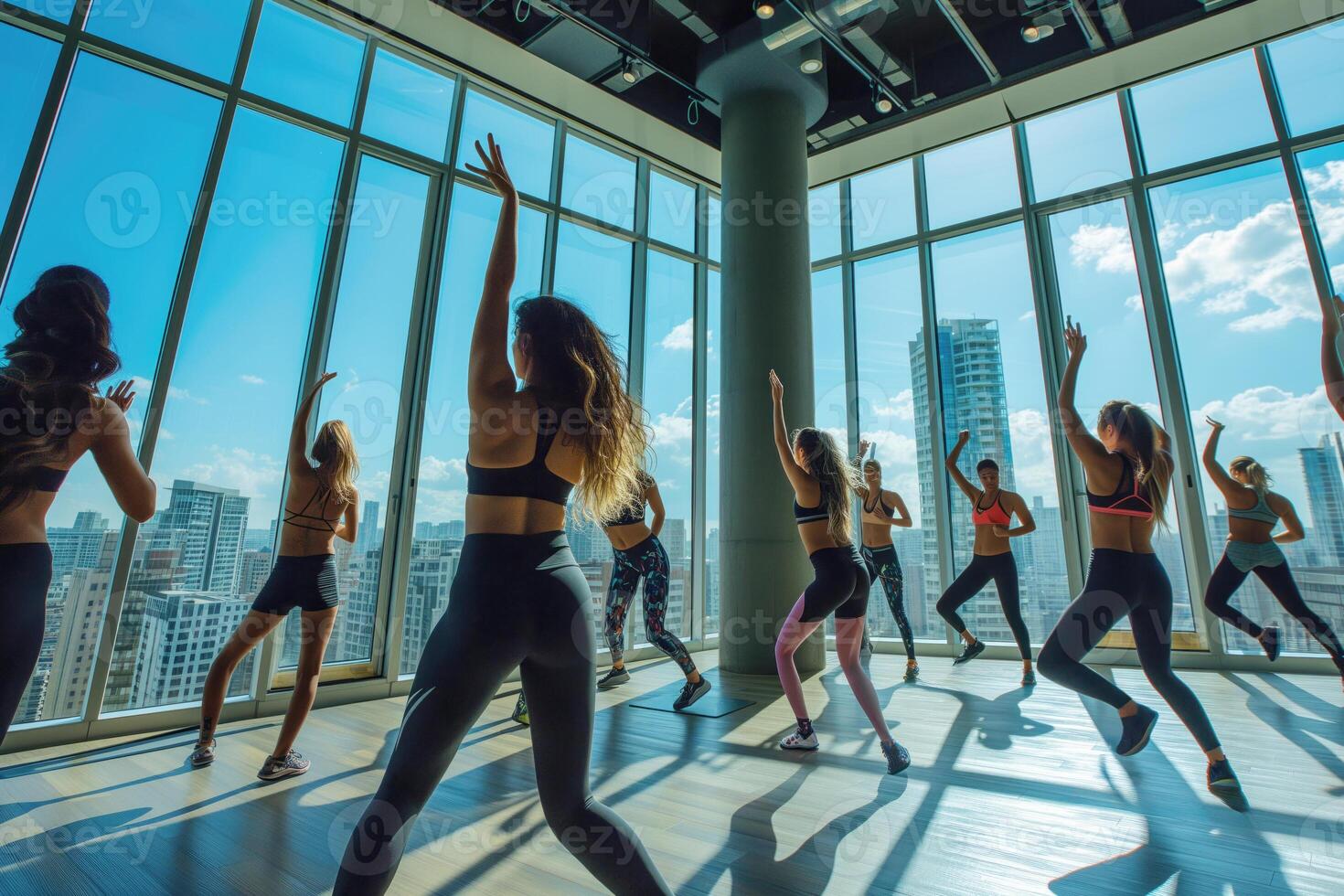 gruppo di latino americano donne nel fitness capi di abbigliamento fare esercizio nel il Palestra foto