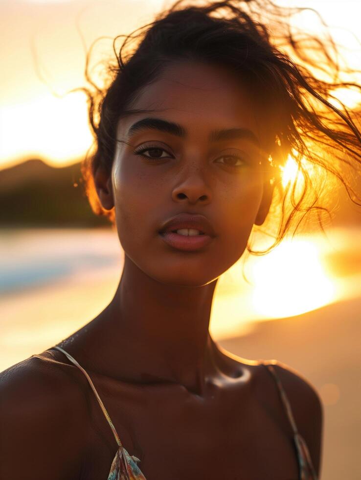 ritratto di un' bellissimo nero donna su tramonto foto