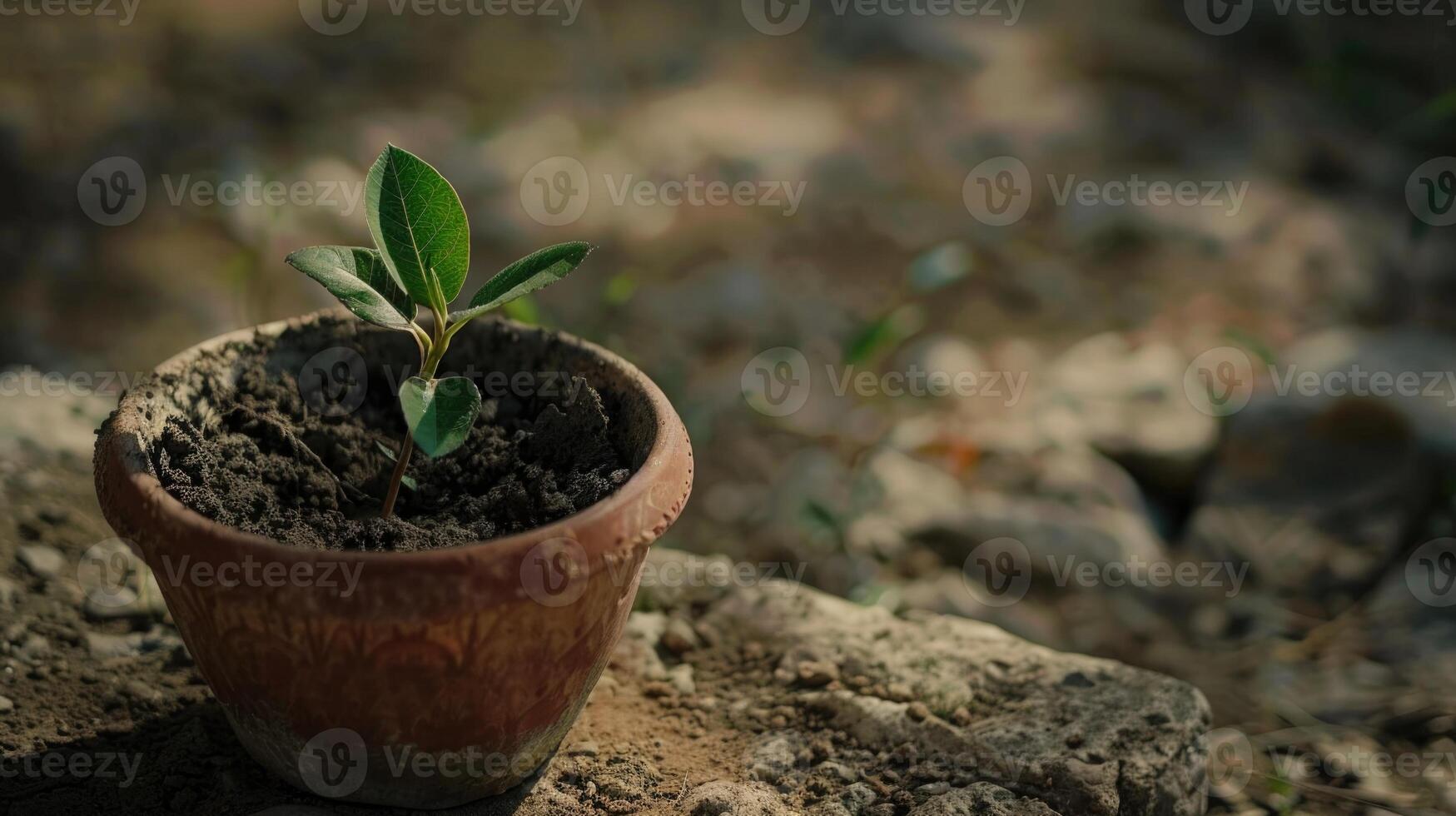 siccità nel pentola. il suolo nel il pentola asciutto e Cracked ma il pianta ha verde le foglie. foto