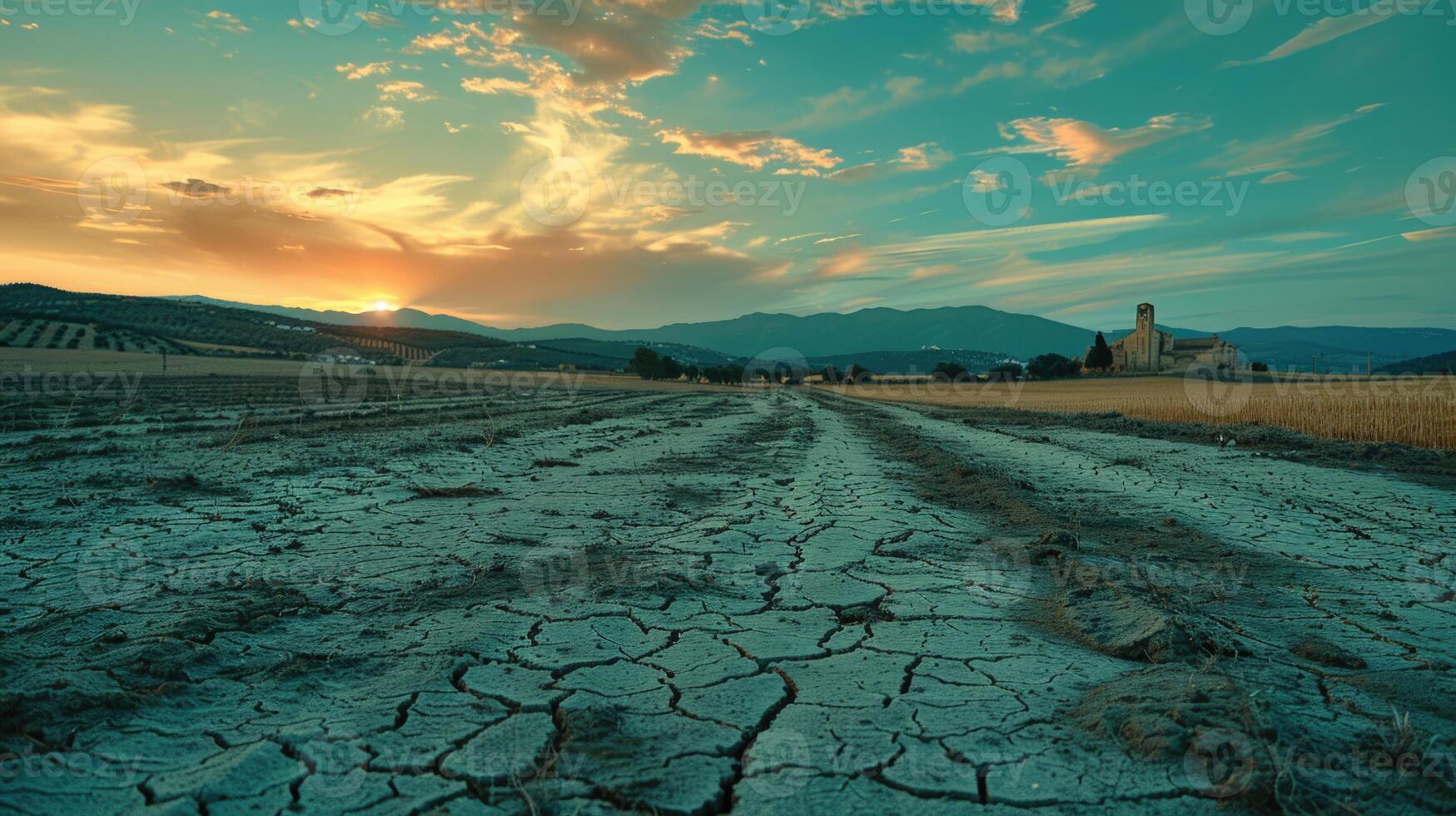 Cracked fango su terreni agricoli nel centrale Spagna foto