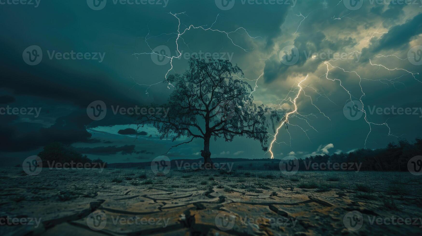 terra per il terra asciutto Cracked e grande albero. con fulmine tempesta foto