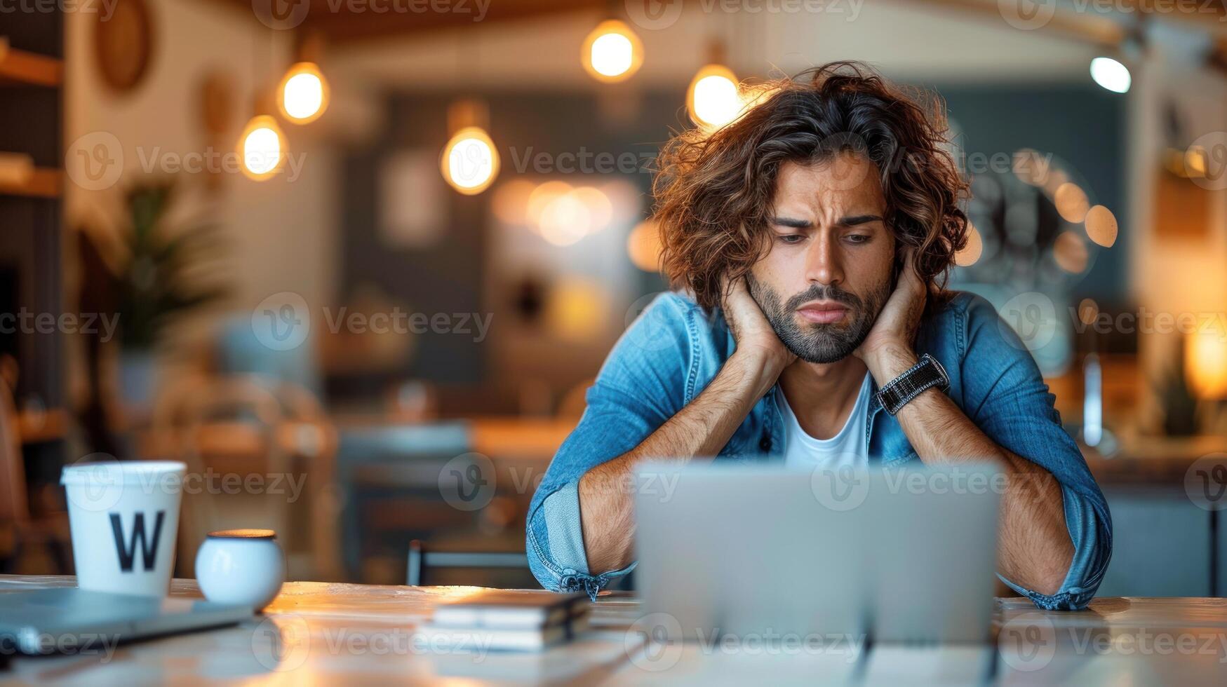 un' uomo seduta nel davanti di un' il computer portatile computer, focalizzata su il suo opera foto