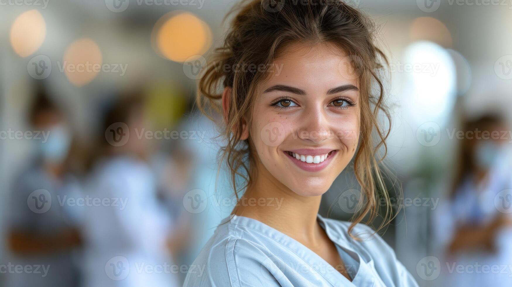 femmina assistenza sanitaria lavoratore nel scrub sorridente a il telecamera foto