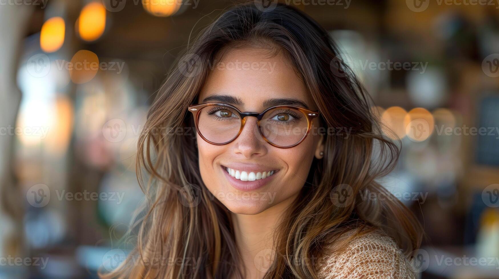 un' donna indossare bicchieri sorrisi per il telecamera foto