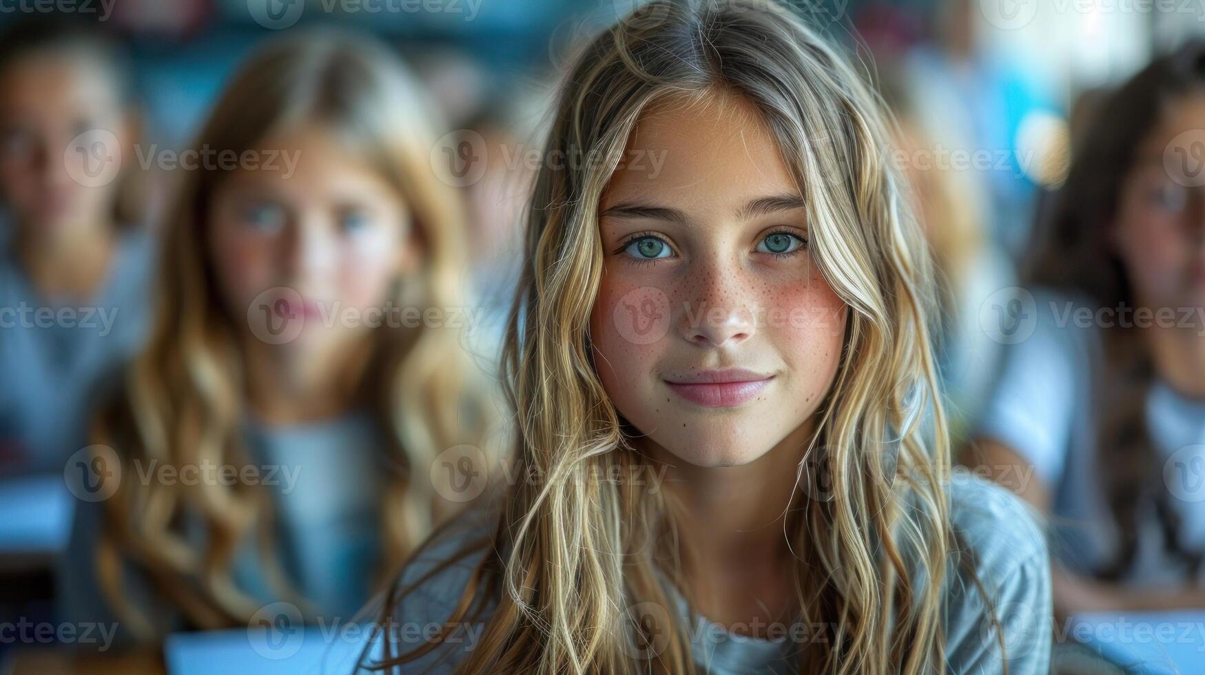 giovane ragazze seduta nel un' aula, ascoltando per il insegnante foto