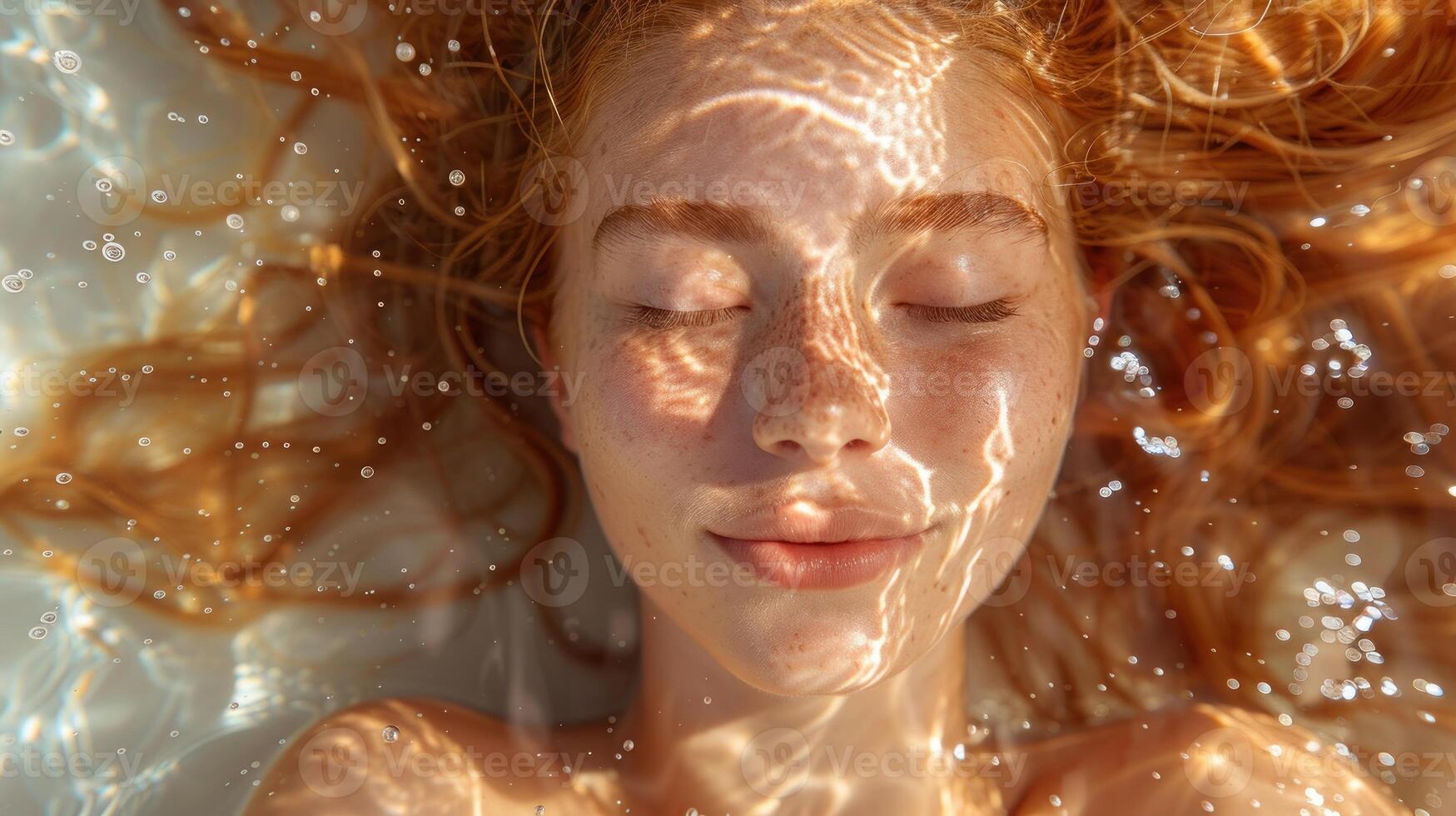 un' donna galleggia nel acqua con sua occhi chiuso foto