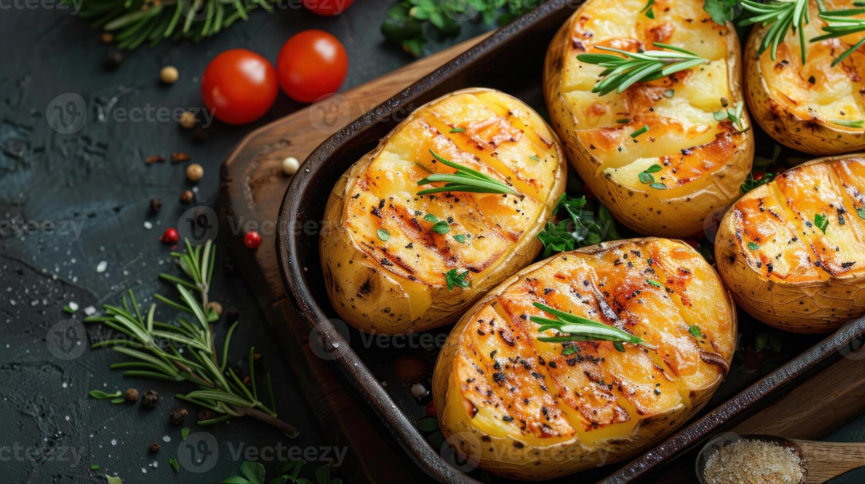 appena al forno patate con saporito erbe aromatiche nel un' cottura al forno piatto foto