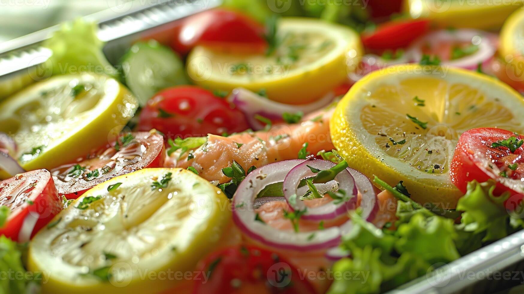 vassoio pieno con fresco limoni, maturo pomodori, e cipolle su vicino foto