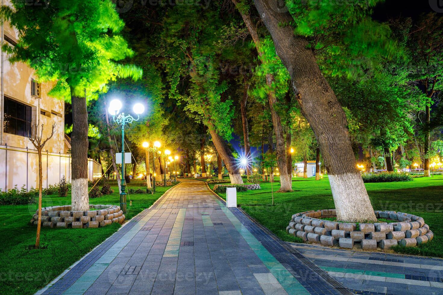 città notte parco nel presto estate o primavera con marciapiede, lanterne, giovane verde prato e alberi. foto