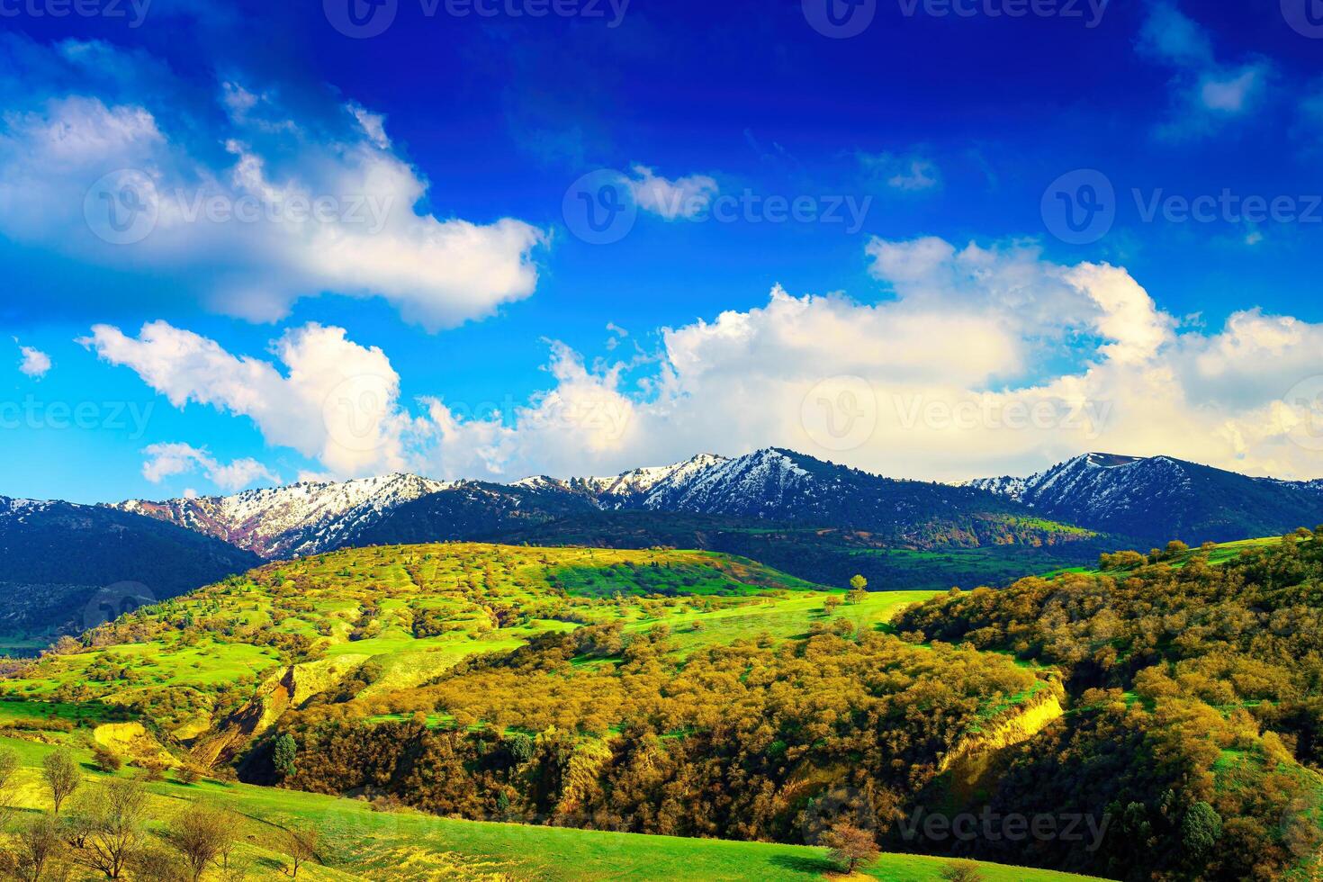 colline e montagne coperto con giovane verde erba e illuminato di il sole su un' soleggiato giorno. foto