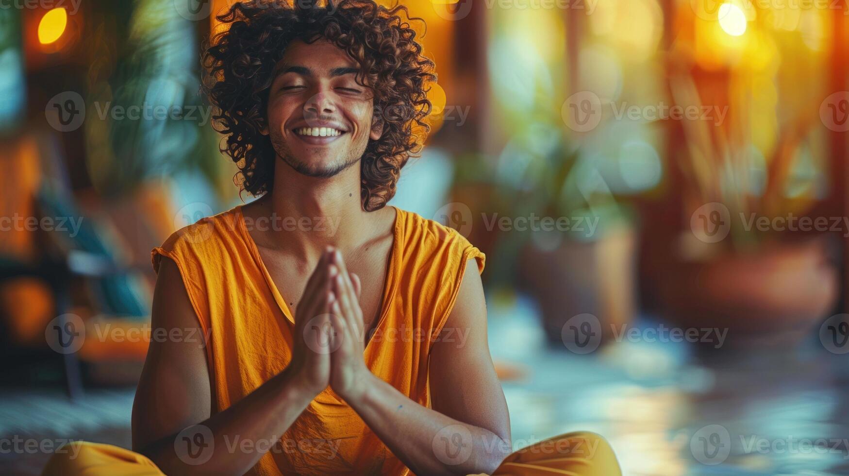 un' uomo seduta a gambe incrociate con occhi Chiuso, in profondità nel meditazione foto