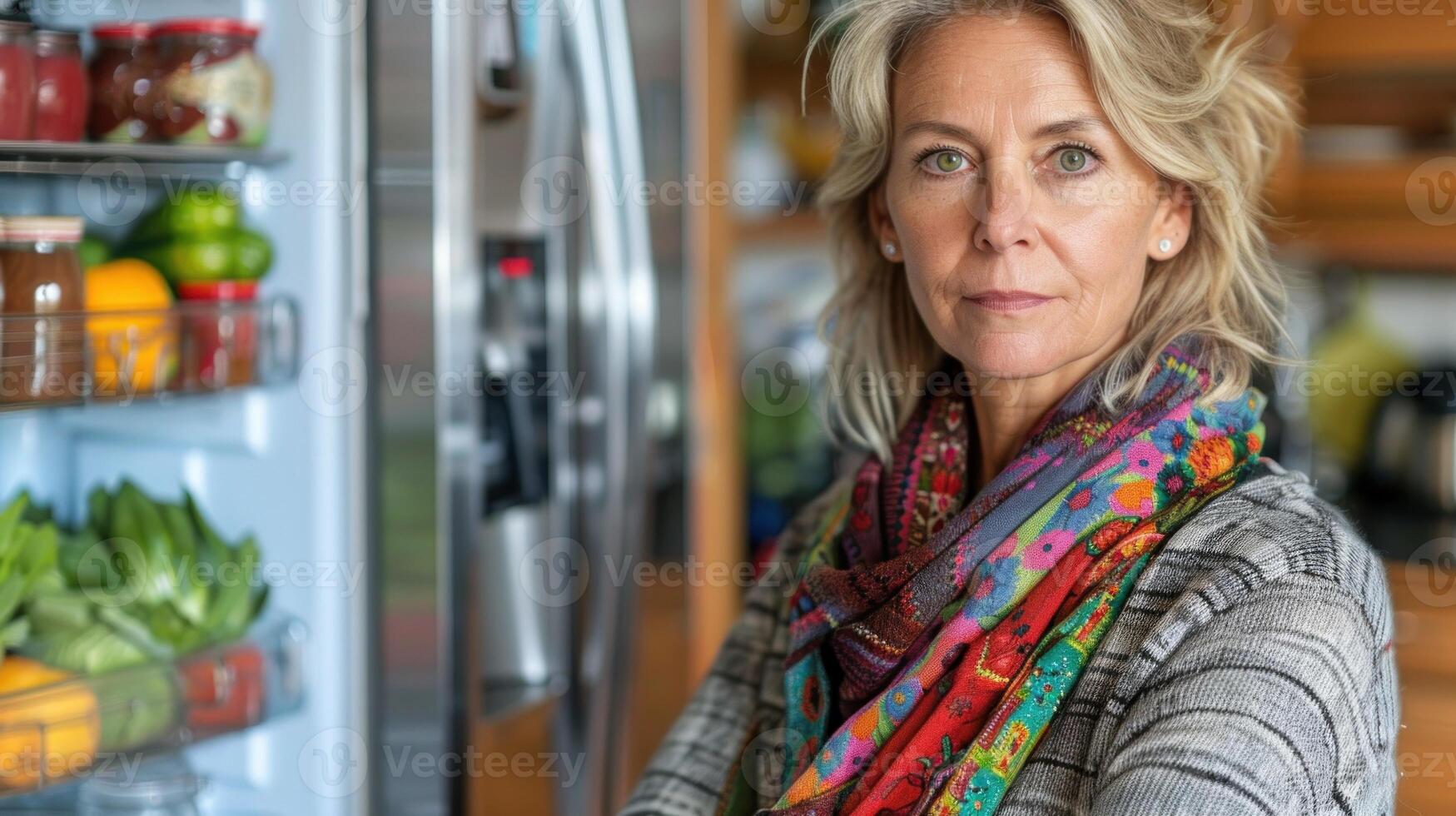 un' donna sta nel davanti di un Aperto frigorifero foto