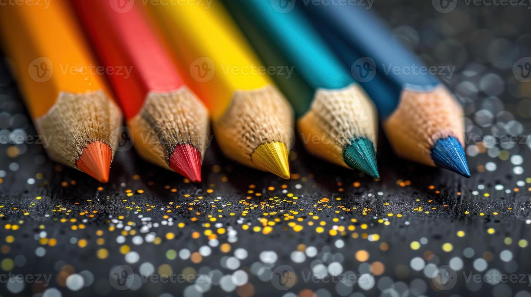 colorato matite ordinatamente disposte nel un' riga su un' di legno tavolo foto