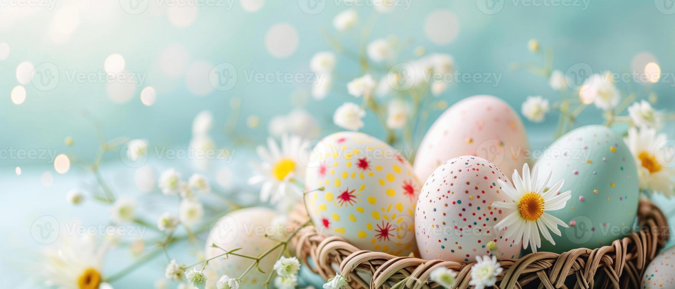 pastello dipinto Pasqua uova e bianca margherite nel un' intrecciata cestino. foto