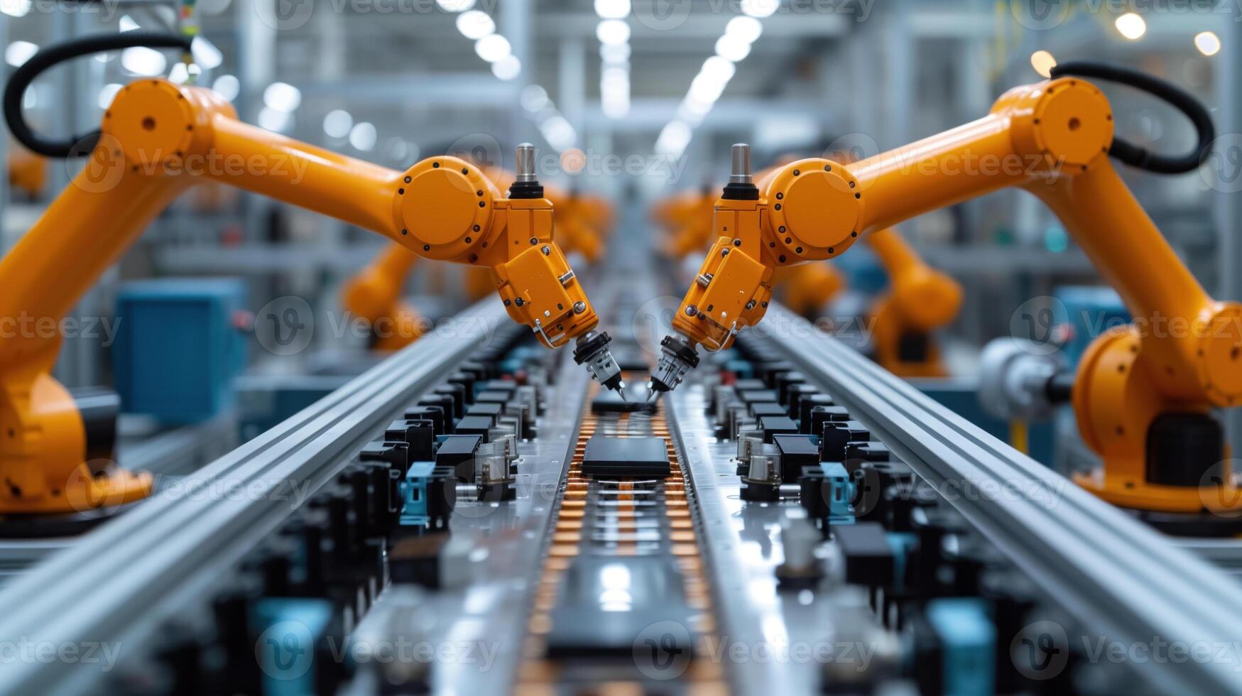 alto precisione robotica Lavorando su un montaggio linea nel un elettronica produzione fabbrica. foto