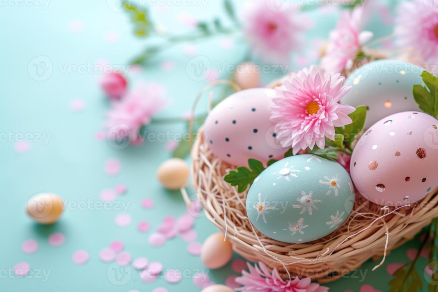 pastello dipinto Pasqua uova nel cestino con primavera fiori. festivo vacanza arredamento. foto