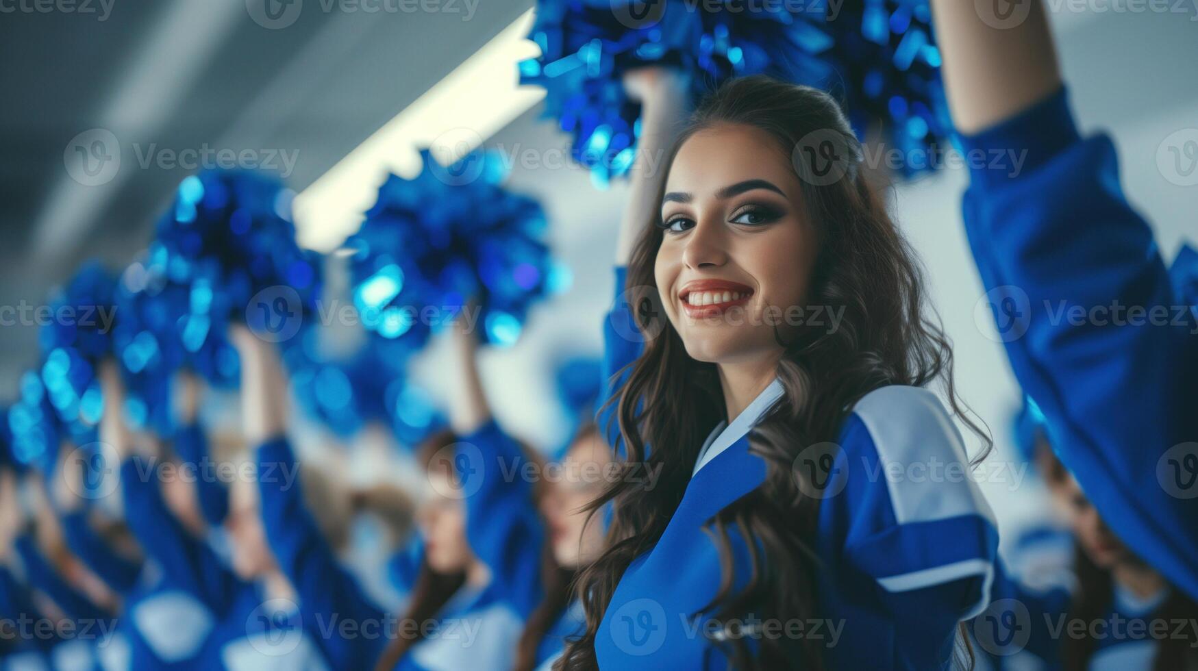 allegro cheerleader con pompon a un' gli sport evento foto