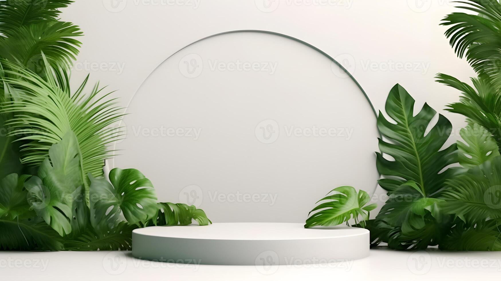 podio Schermo per Prodotto presentazione su un' bianca sfondo con tropicale le foglie. piedistallo piattaforma modello, In piedi mostrare per cosmetico Prodotto foto