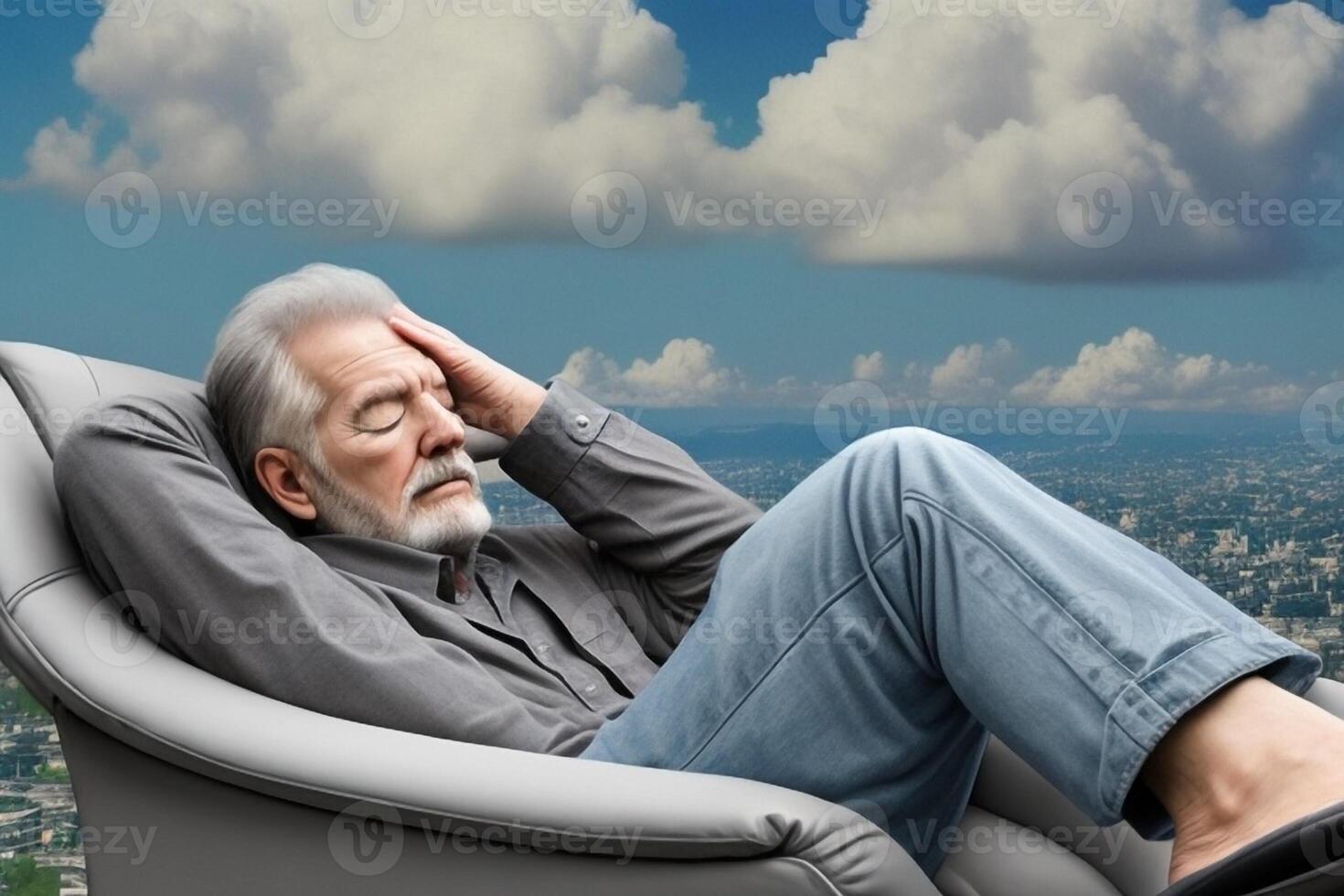 uomo 60 più addormentato nel il suo poltrona e sognare nel il nuvole foto