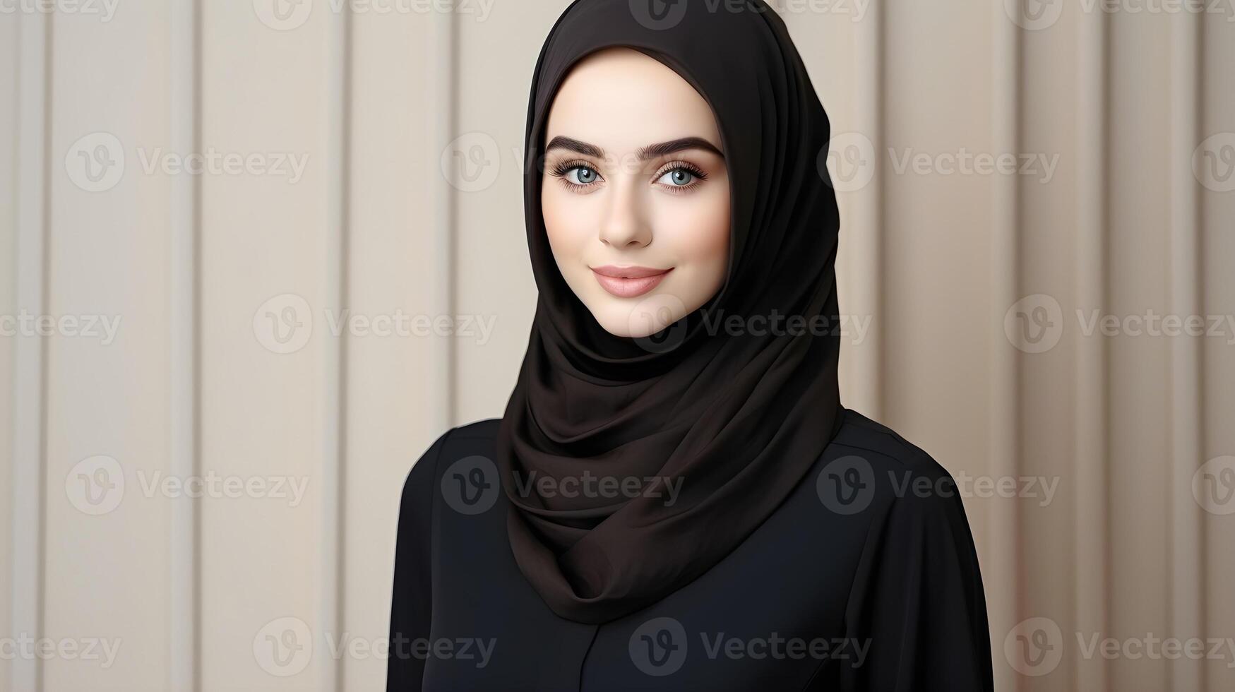 ai generato avvicinamento ritratto di attraente Arabo donna indossare sciarpa su Marrone sfondo. attività commerciale concetto foto