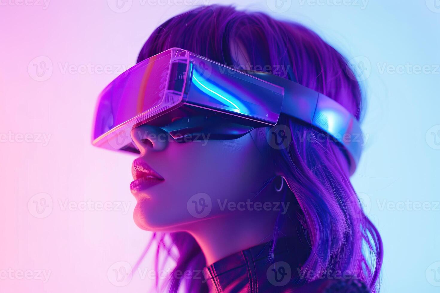 futuristico donna nel vr bicchieri con viola capelli. ai tecnico. foto
