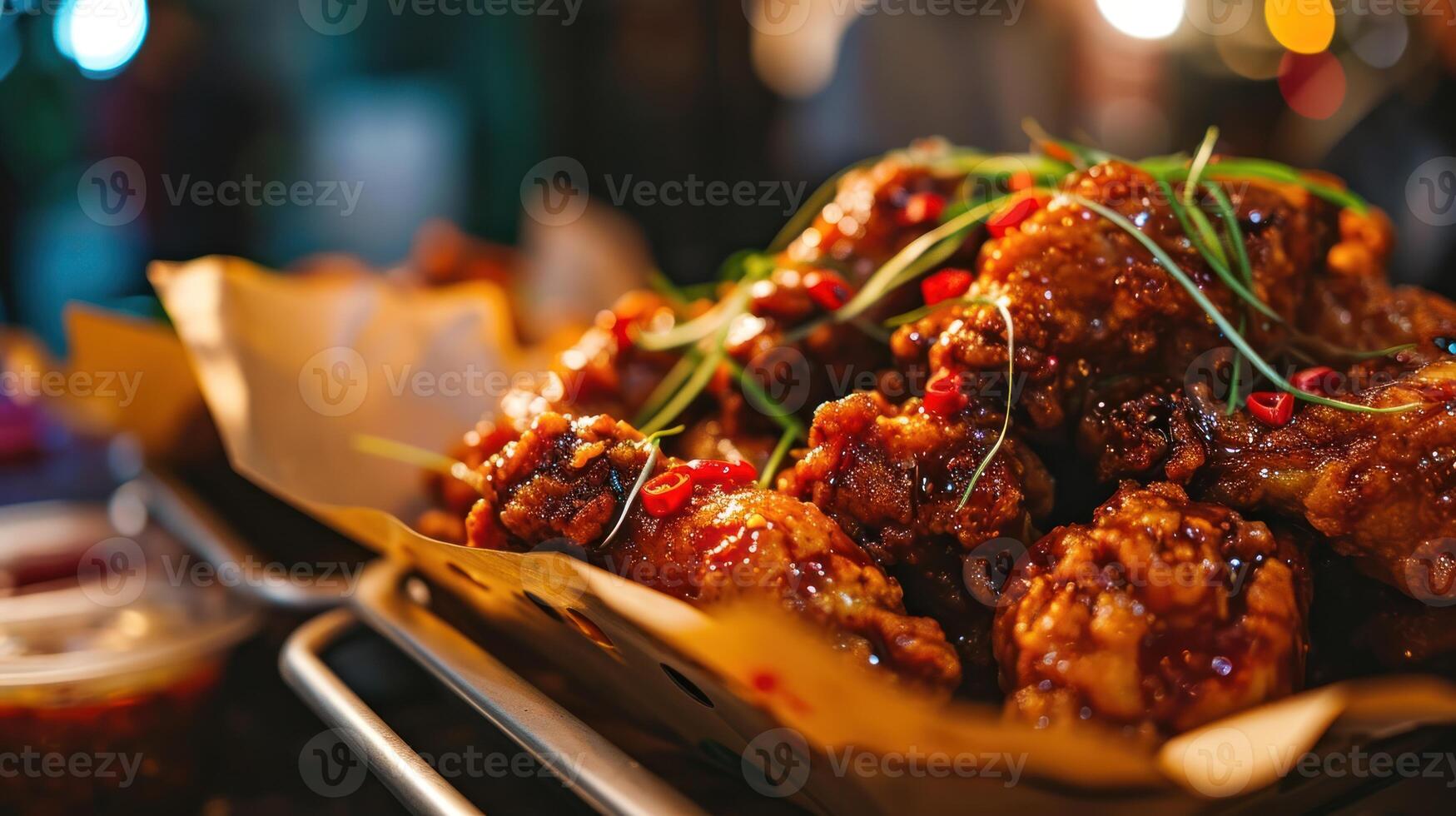 speziato fritte pollo ala contro un' vivace strada cibo mercato foto