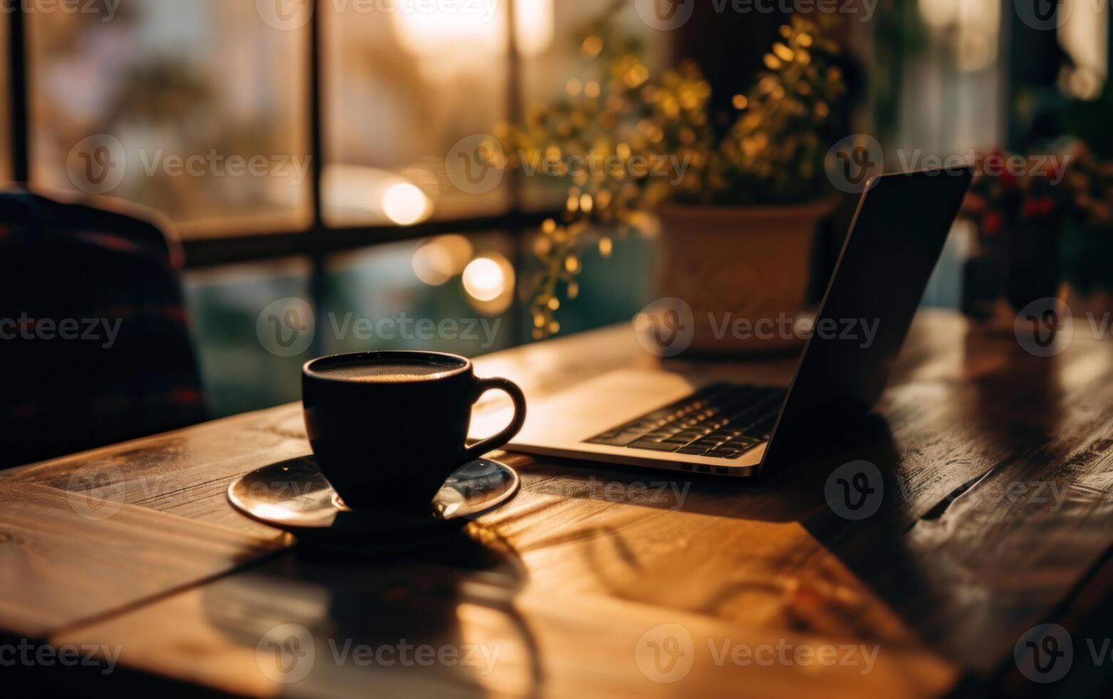 semplicità nel un' bene illuminato spazio di lavoro con un' il computer portatile e un' tazza di caffè foto