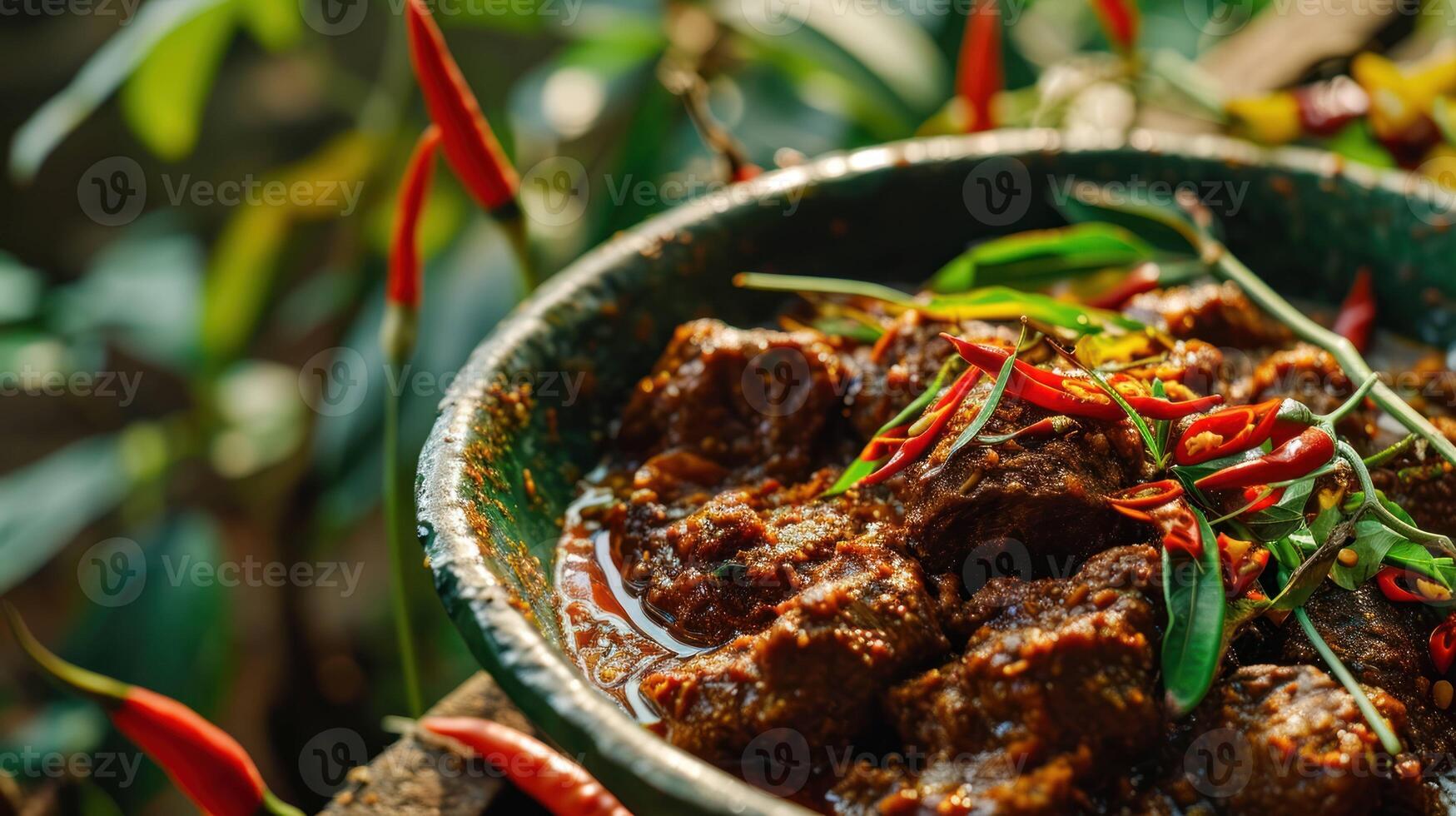 speziato Manzo rendang con extra chili contro un' vivace chili azienda agricola foto