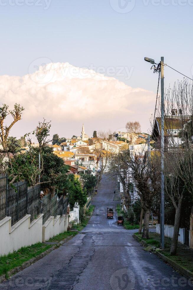 panoramico Visualizza di un' Residenziale strada nel un' affascinante collinoso cittadina con un' moschea nel il distanza foto