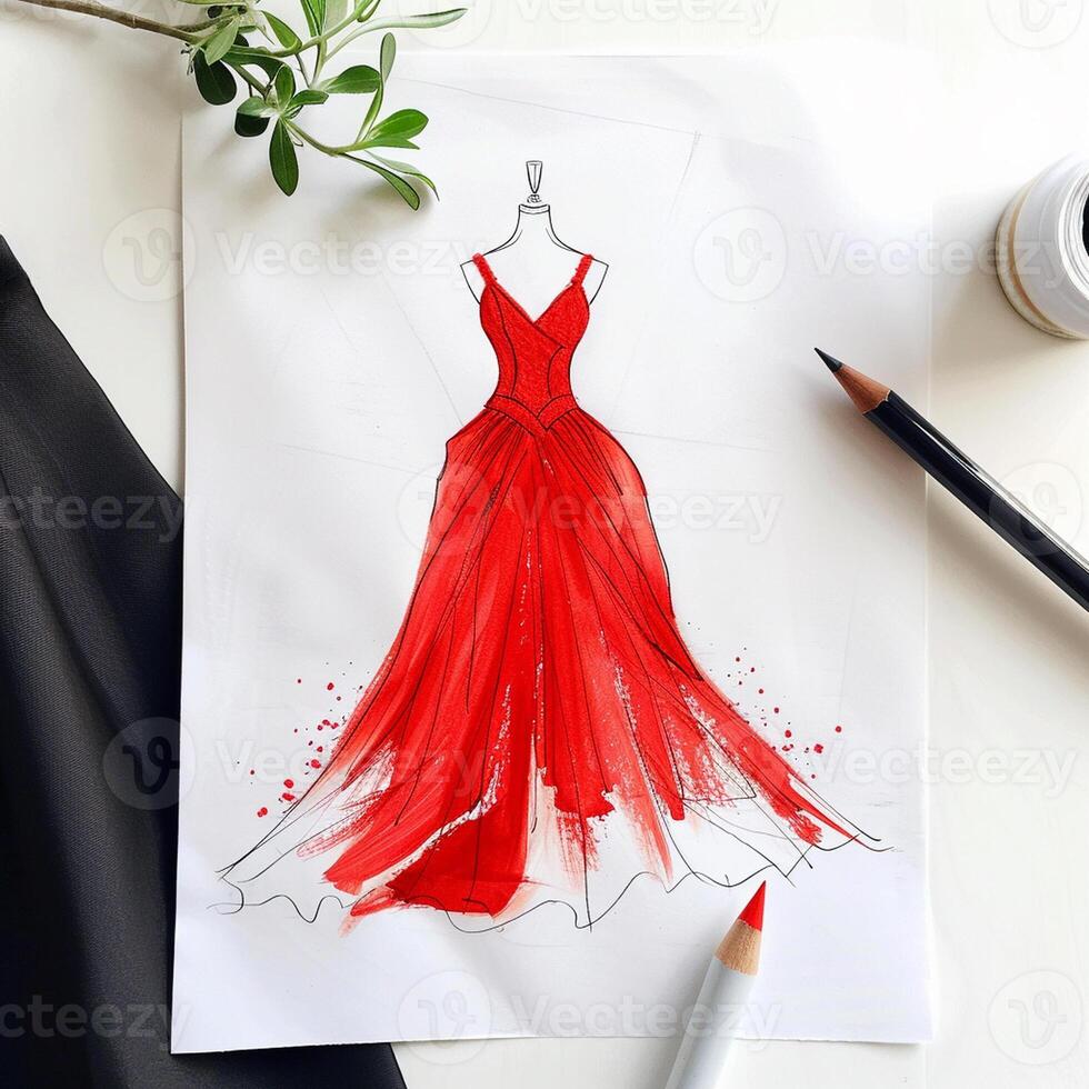 superiore Visualizza di schizzo di sera rosso vestito su carta su un' bianca tavolo. foto