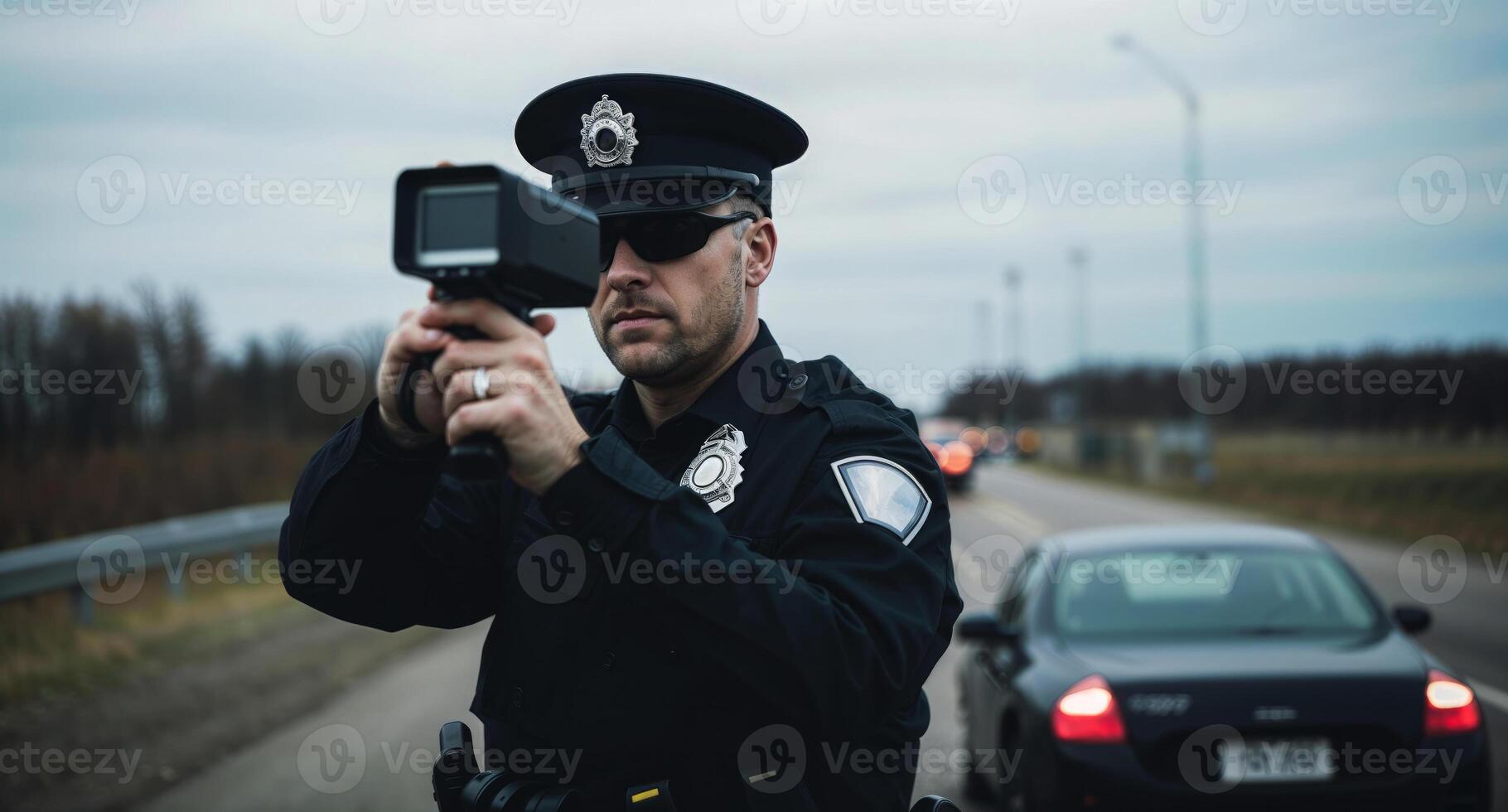 polizia ufficiale mirando radar pistola a in arrivo traffico foto