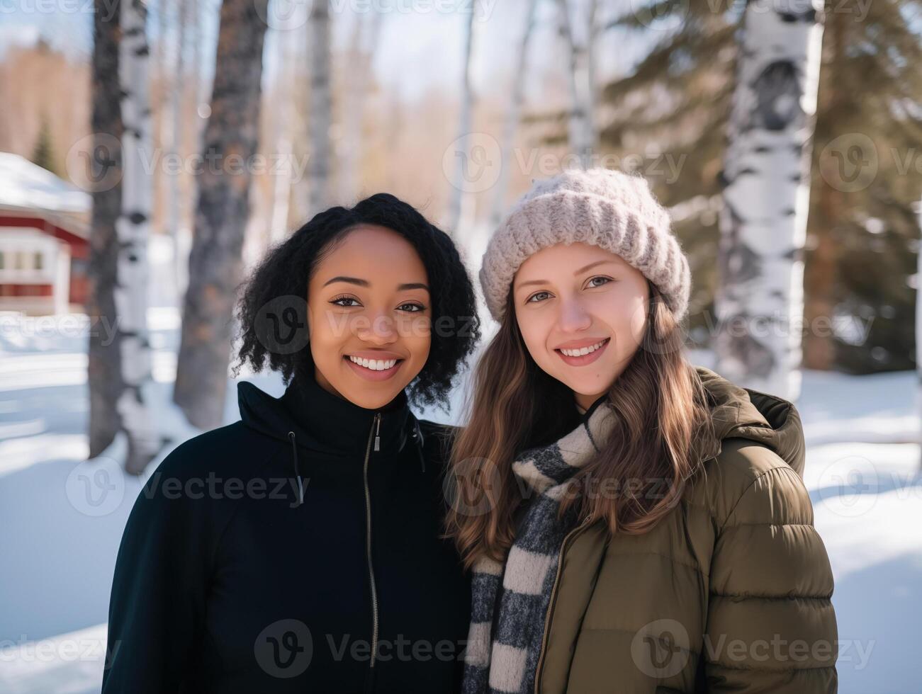 contento caucasico e afroamericano ragazze Guarda a il telecamera e Sorridi nel il inverno parco. bellissimo alberi siamo coperto con bianca neve foto