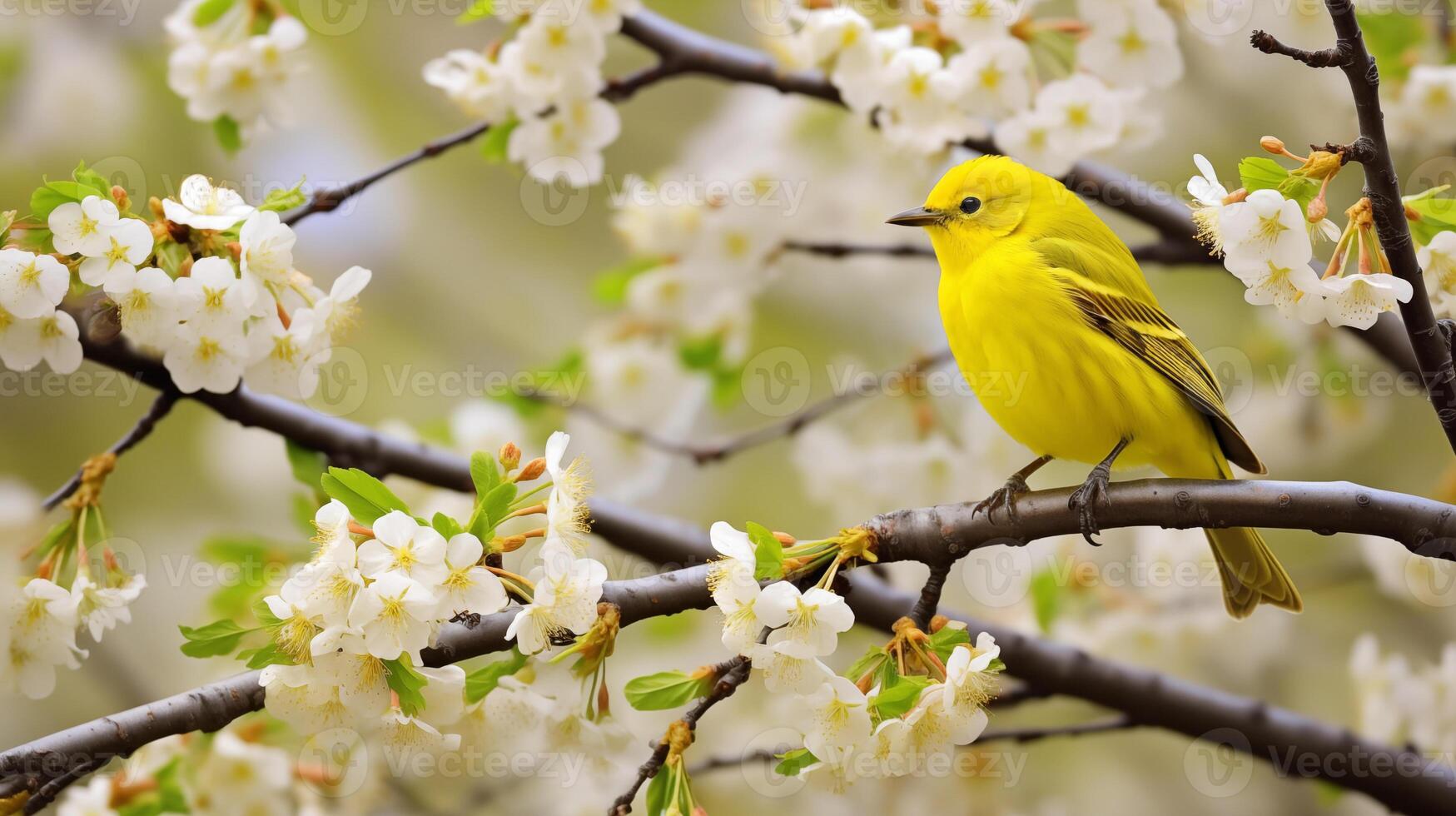 giallo uccello canoro riposo su un' fioritura ramo nel un' lussureggiante primavera ambiente foto