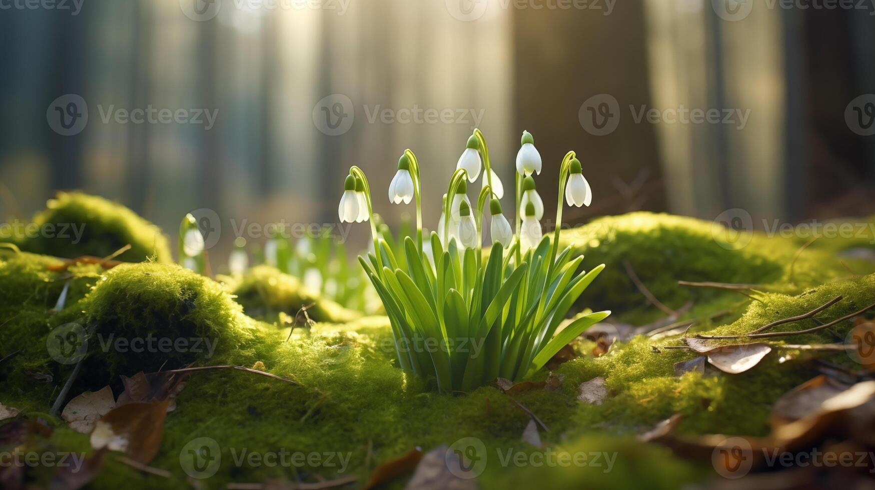 presto primavera bucaneve fioritura su un' muschioso foresta pavimento nel d'oro mattina leggero foto